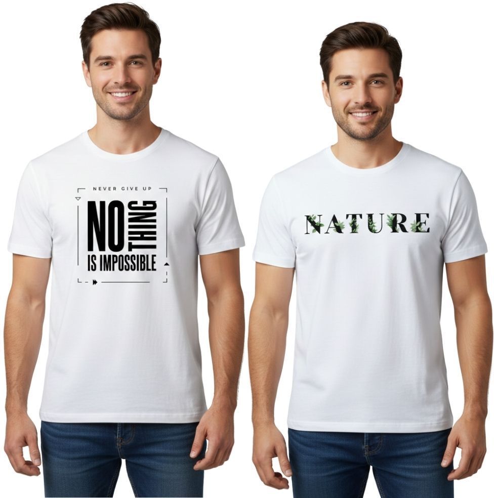 vkv fshion Pack of 2 Men Graphic Print Round Neck Cotton Blend White T-Shirt-picture-35