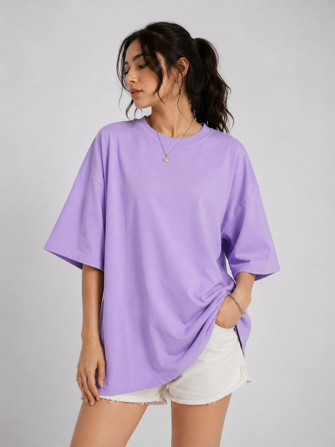 shadueblo Women Solid Round Neck Cotton Blend Purple T-Shirt-picture-31