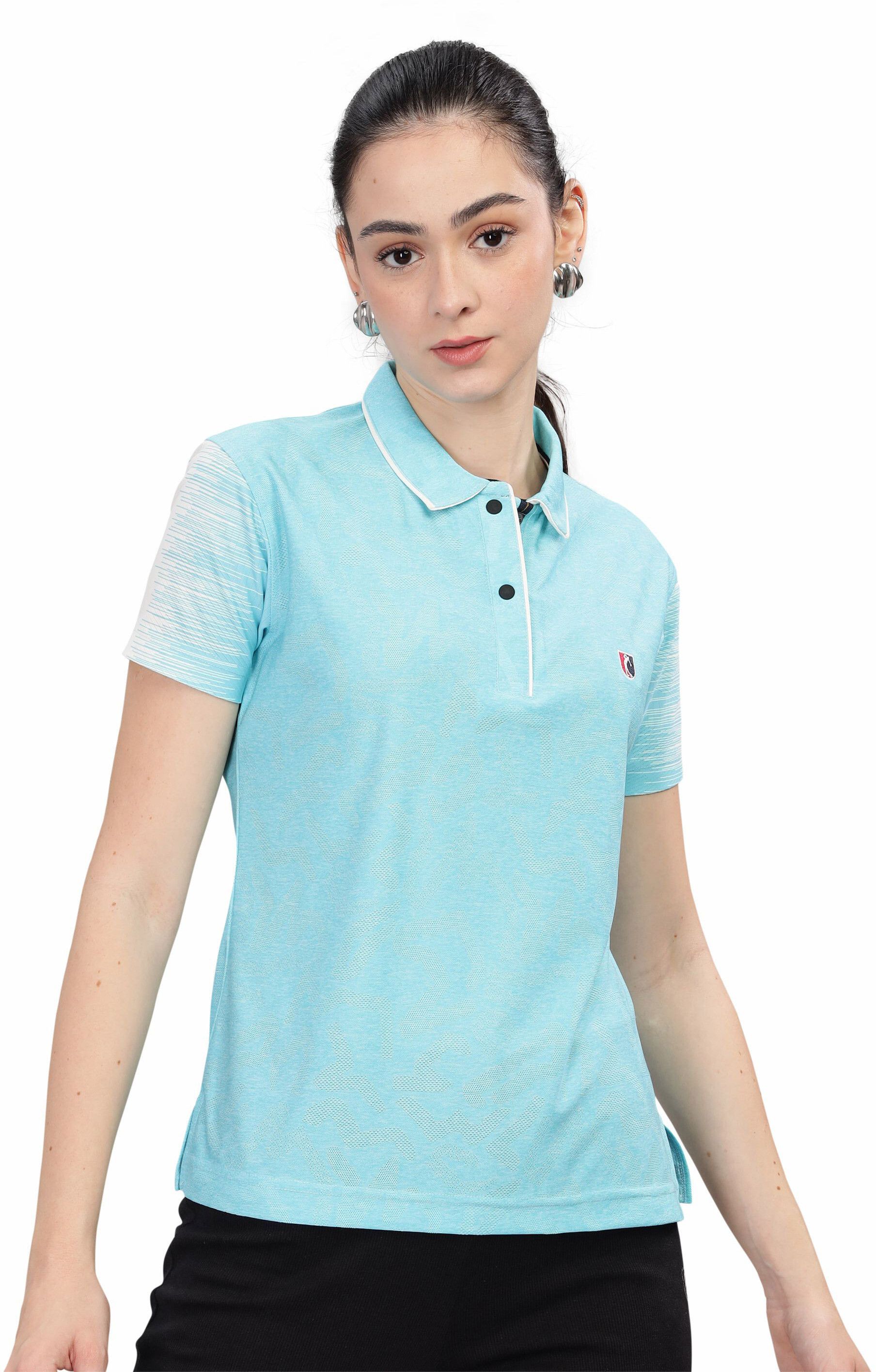 Women Printed Polo Neck Polyester Light Blue T-Shirt-image-49