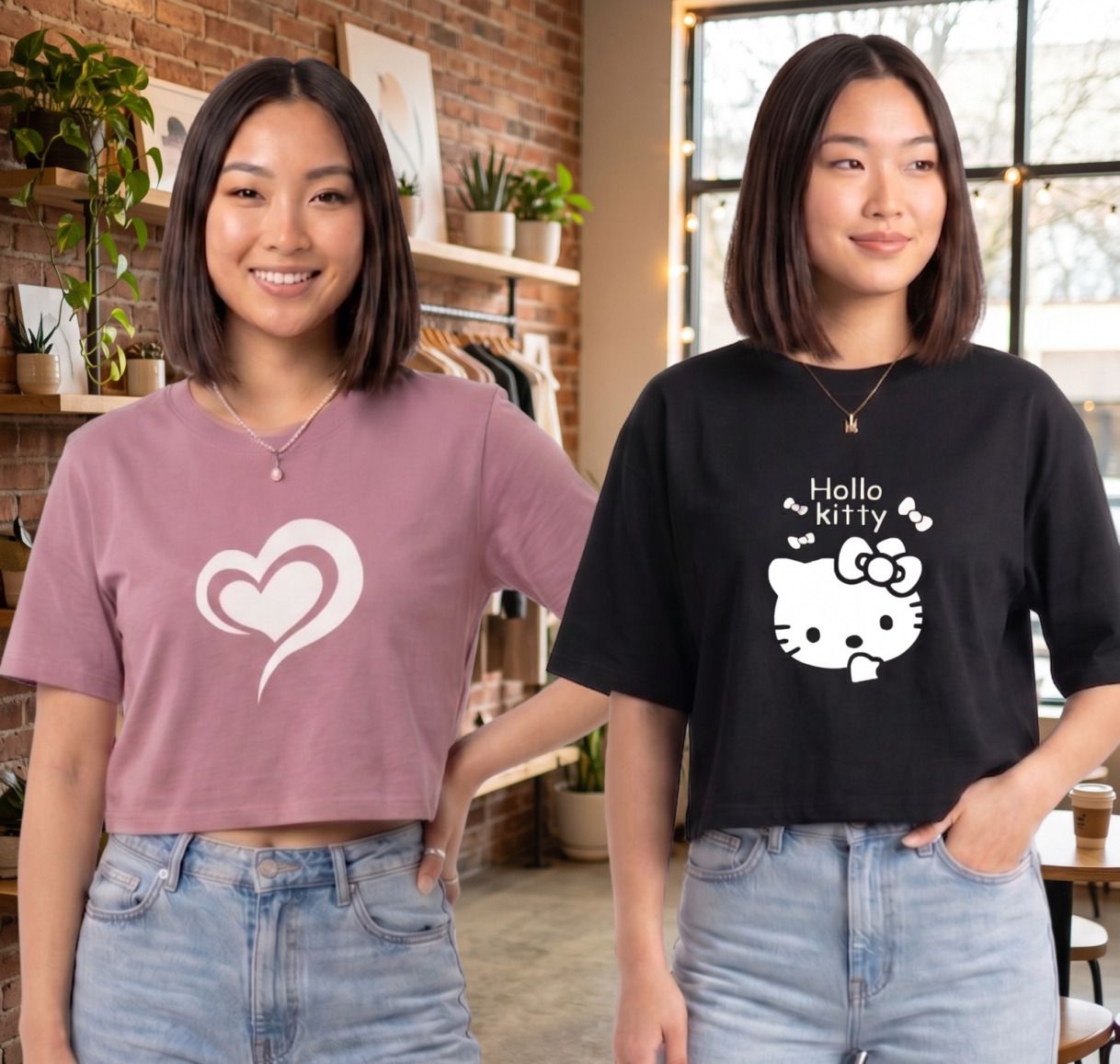 loves Pack of 2 Women Graphic Print, Printed, Cartoon Round Neck Cotton Blend Black, Pink T-Shirt-picture-11