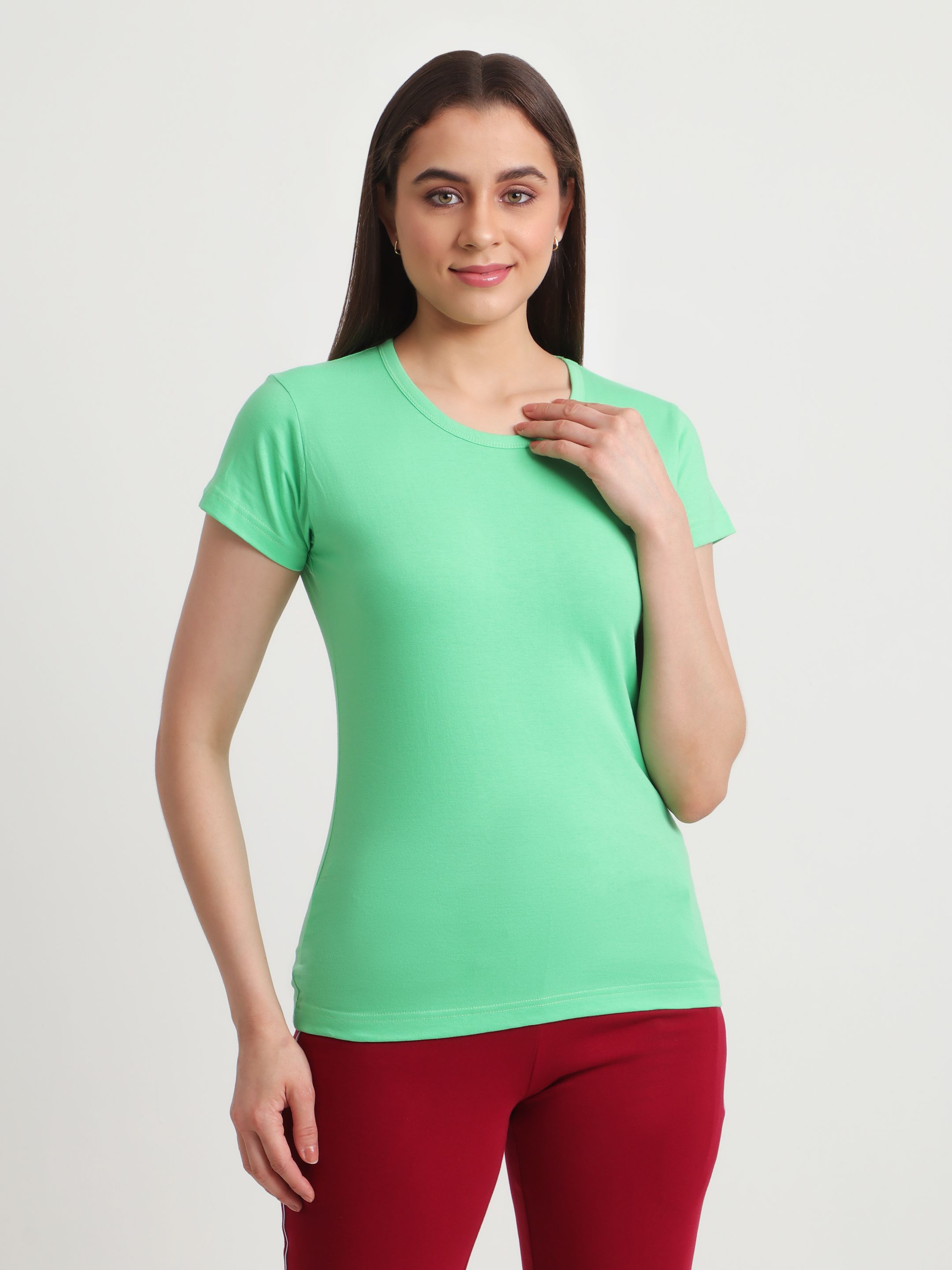 global nomad Women Solid Round Neck Cotton Blend Light Green T-Shirt-picture-43