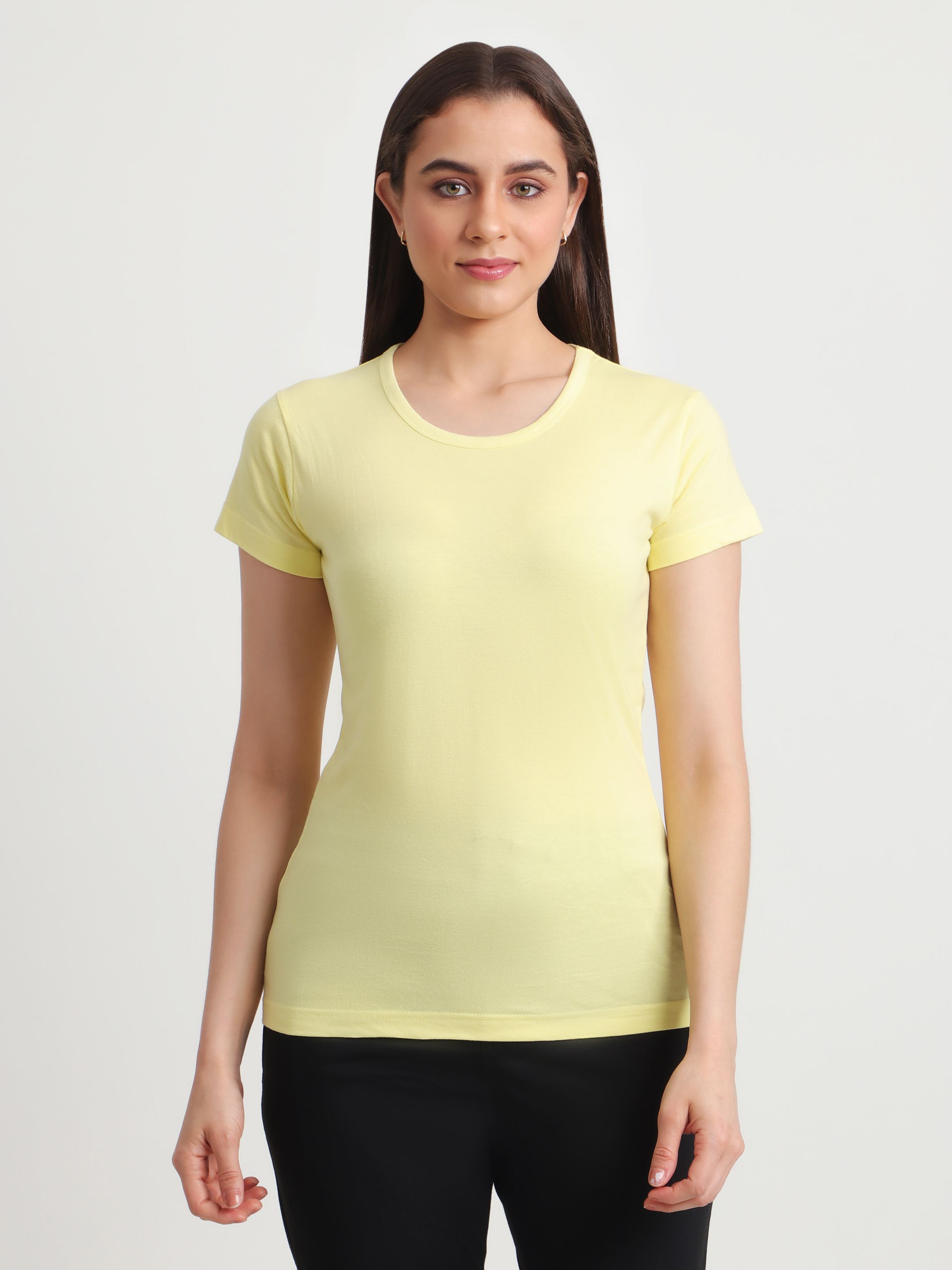 global nomad Women Solid Round Neck Cotton Blend Yellow T-Shirt-picture-47