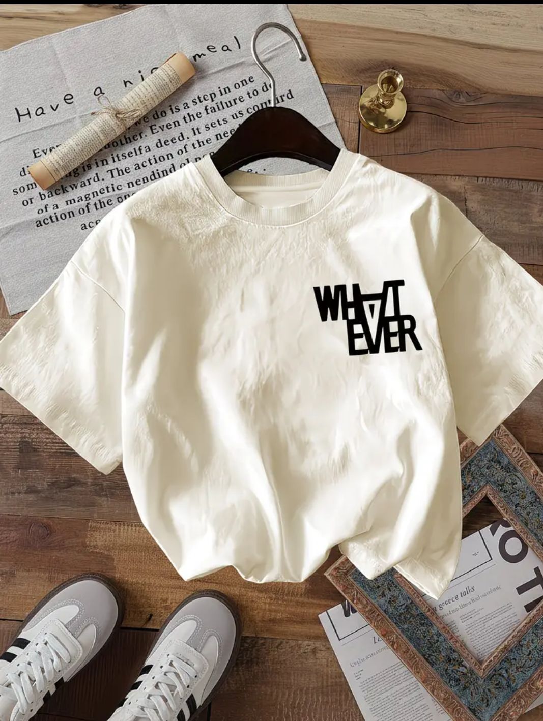 clatho Women Typography, Graphic Print, Printed, Washed, Abstract Round Neck Pure Cotton White, Beige T-Shirt-picture-38