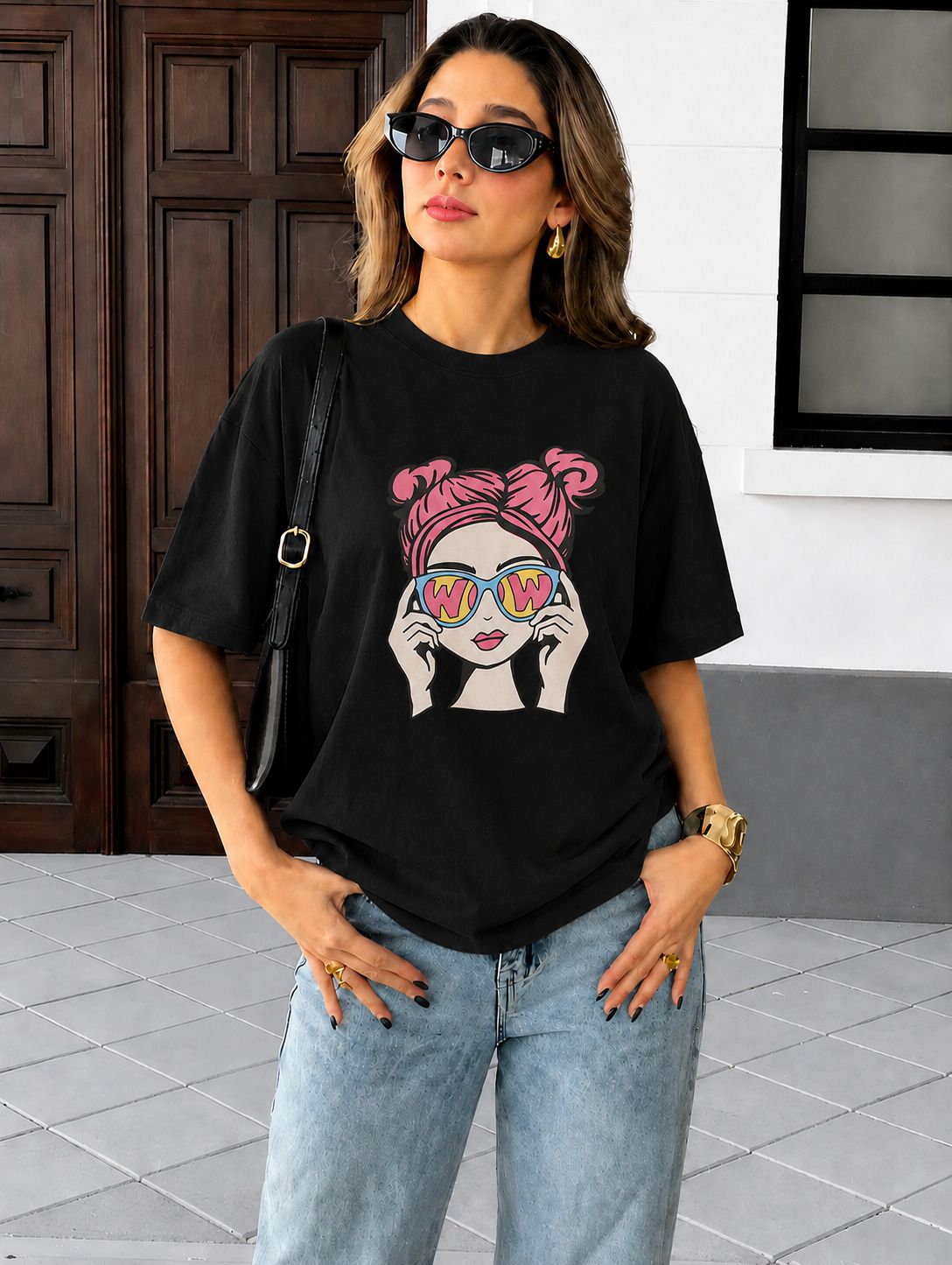 fabflee Women Printed Round Neck Cotton Blend Black T-Shirt-picture-12