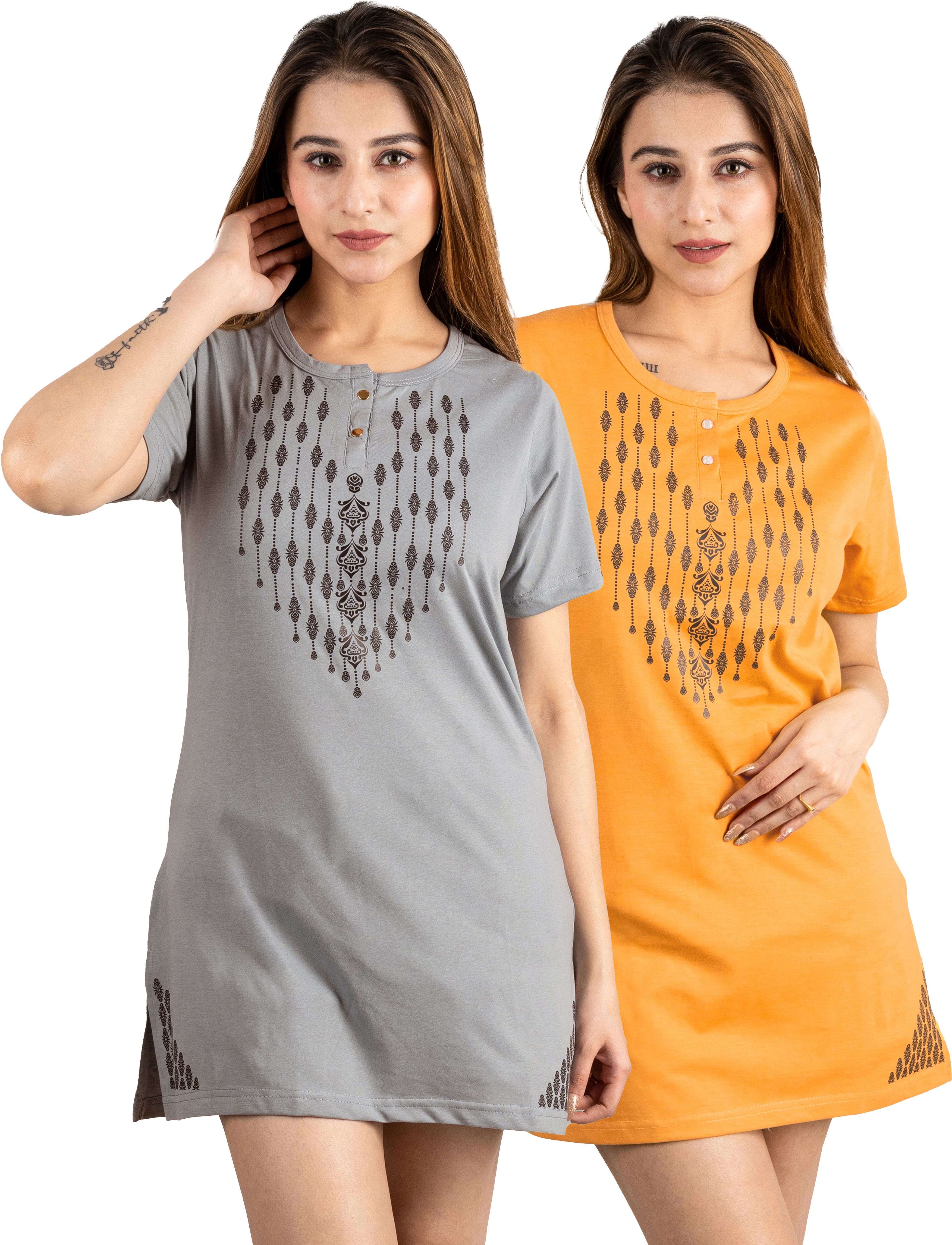 Pack of 2 Women Printed Round Neck Cotton Blend Grey T-Shirt-image-14