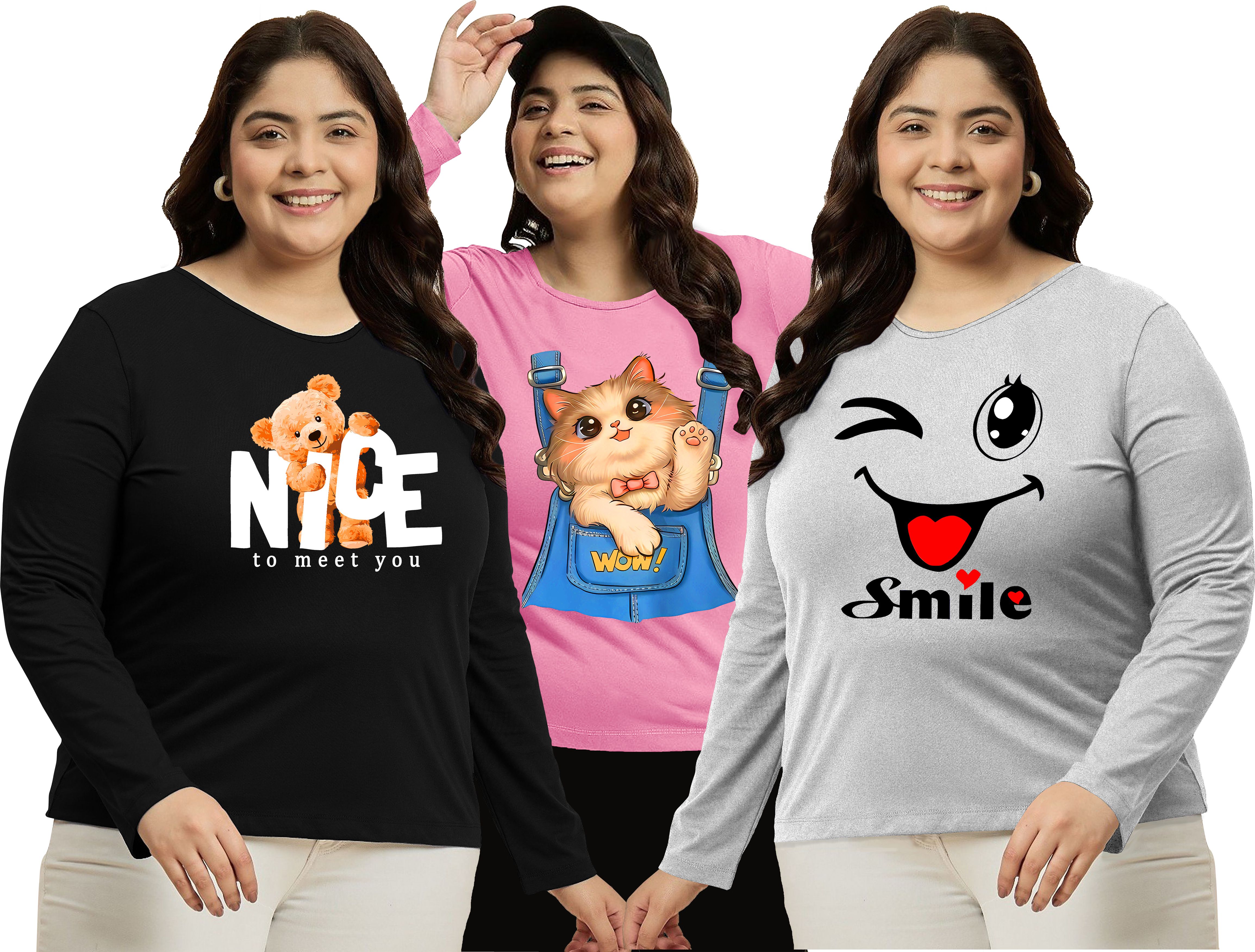 elite soul Pack of 3 Women Animal Print Round Neck Cotton Blend Black, Pink, White T-Shirt-picture-11