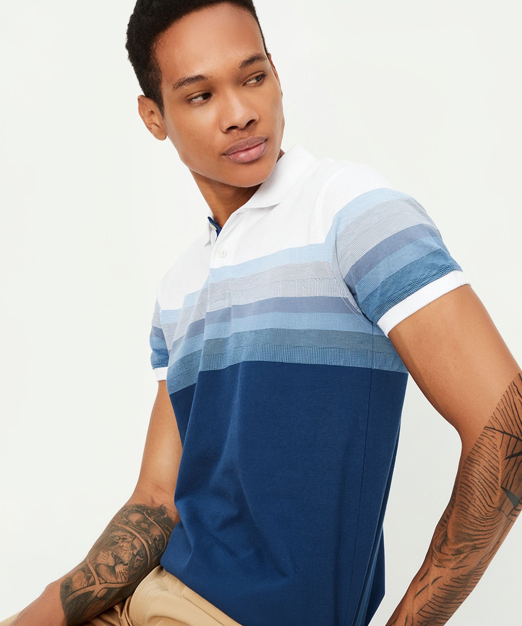 max Men Striped Polo Neck Cotton Blend Blue T-Shirt-picture-28
