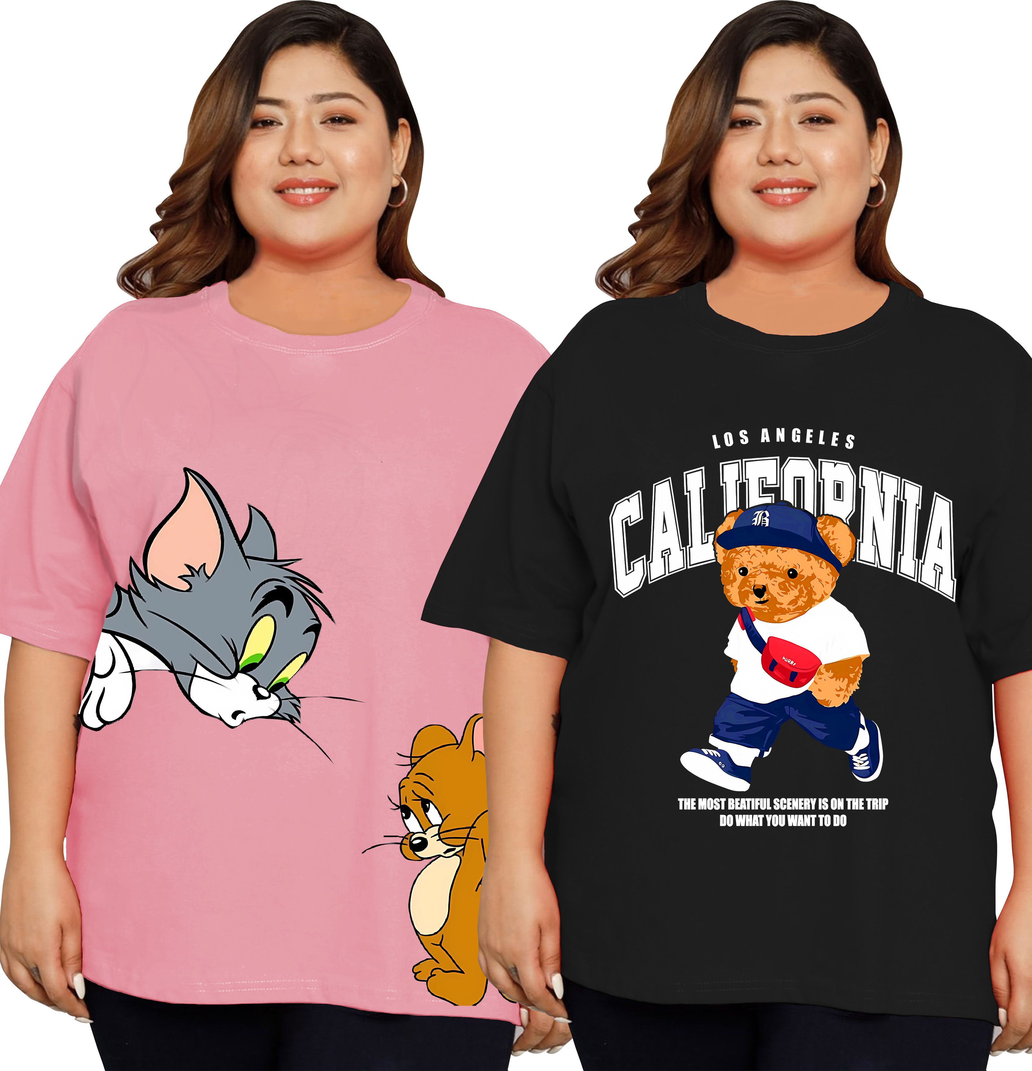 Pack of 2 Women Printed Round Neck Cotton Blend Multicolor T-Shirt