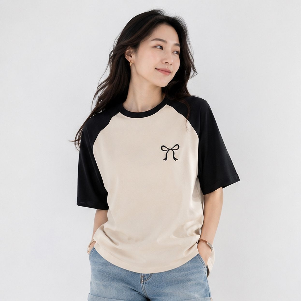 Women Colorblock Round Neck Pure Cotton Beige, Black T-Shirt-image-30