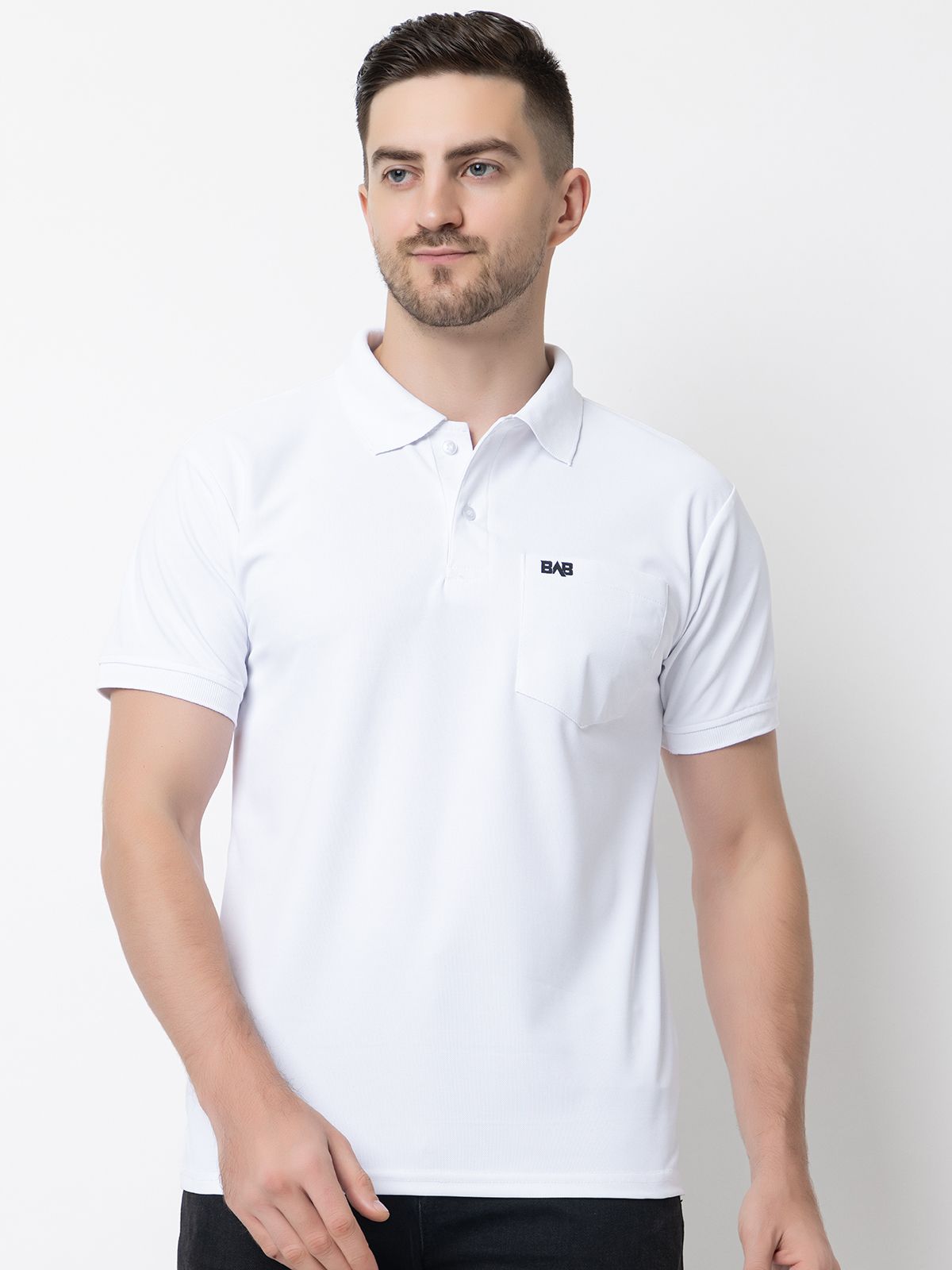 bab Men Solid Polo Neck Cotton Blend White T-Shirt-picture-28