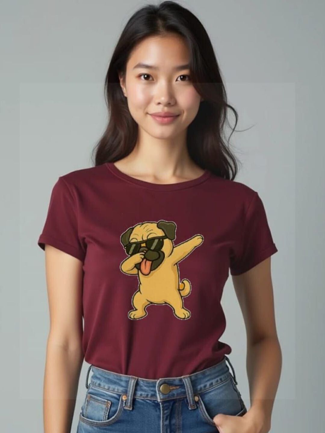 Women Self Design Round Neck Cotton Blend Maroon T-Shirt-image-45