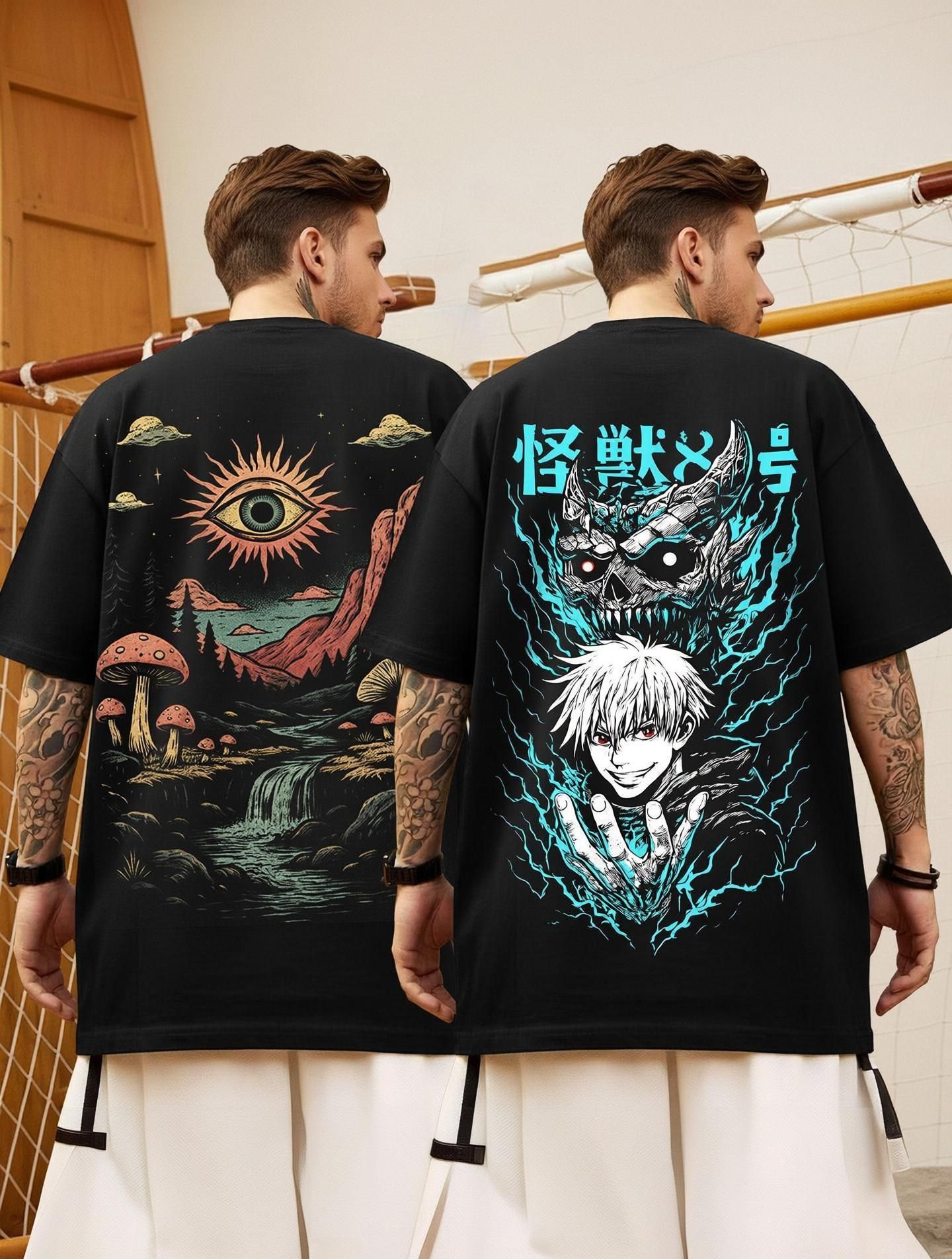 tripr Pack of 2 Oversized Men Typography Round Neck Cotton Blend Black T-Shirt-picture-14