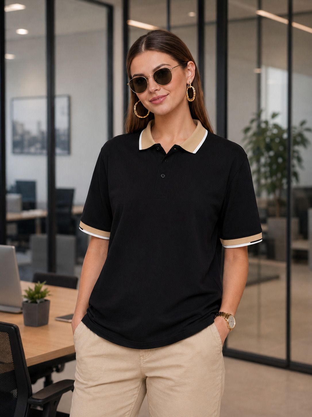Women Colorblock Polo Neck Cotton Blend Black T-Shirt-image-15