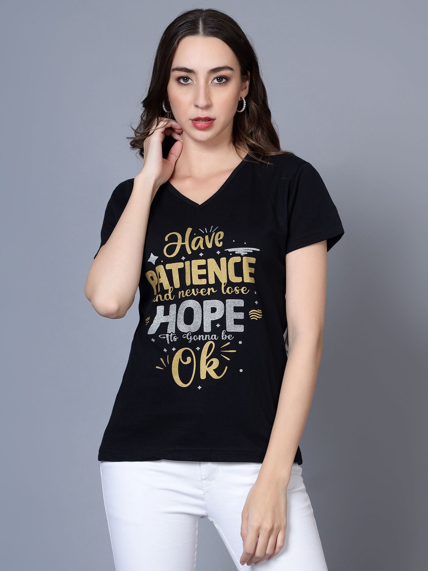 fleximaa Women Typography V Neck Pure Cotton Black T-Shirt-picture-15