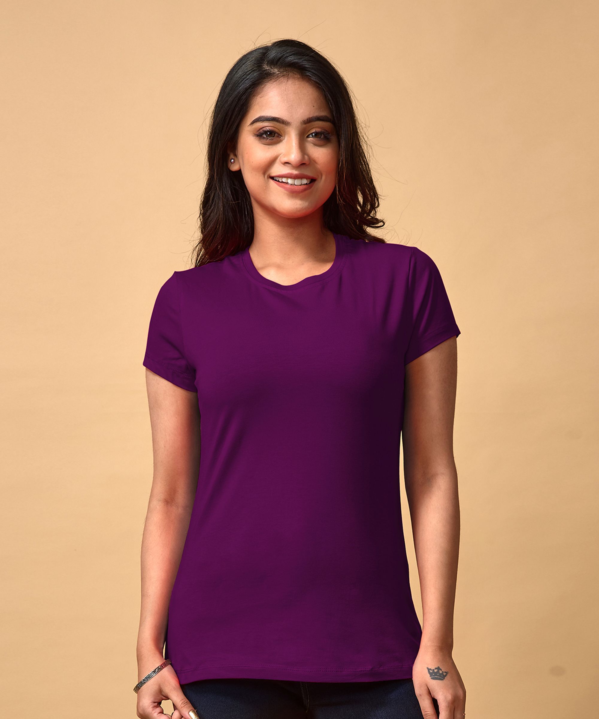 Women Solid Round Neck Pure Cotton Purple T-Shirt-image-23