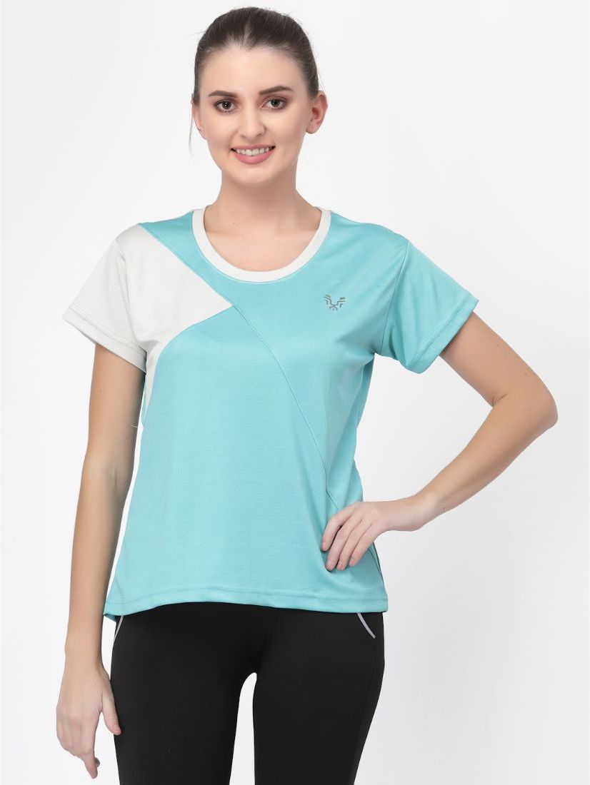 Women Colorblock Round Neck Polyester Light Green T-Shirt-image-33