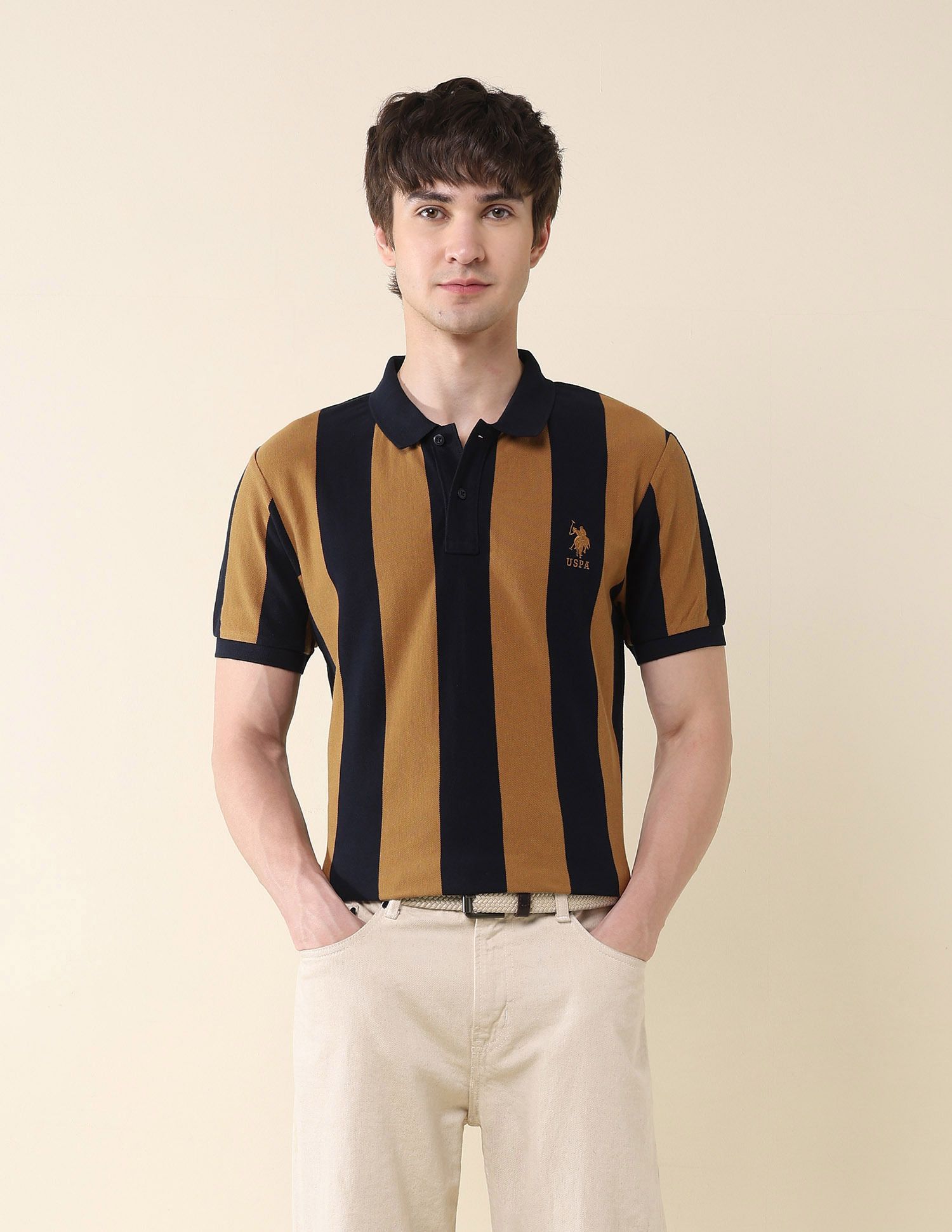 u.s. polo assn. Men Striped Polo Neck Pure Cotton Brown, Black T-Shirt-picture-19