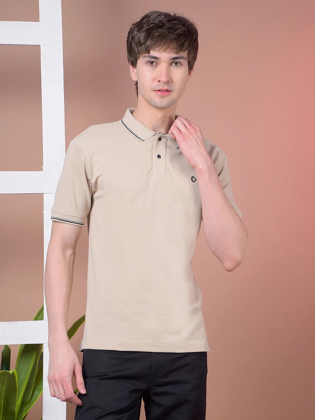 Men Solid Polo Neck Pure Cotton Beige T-Shirt