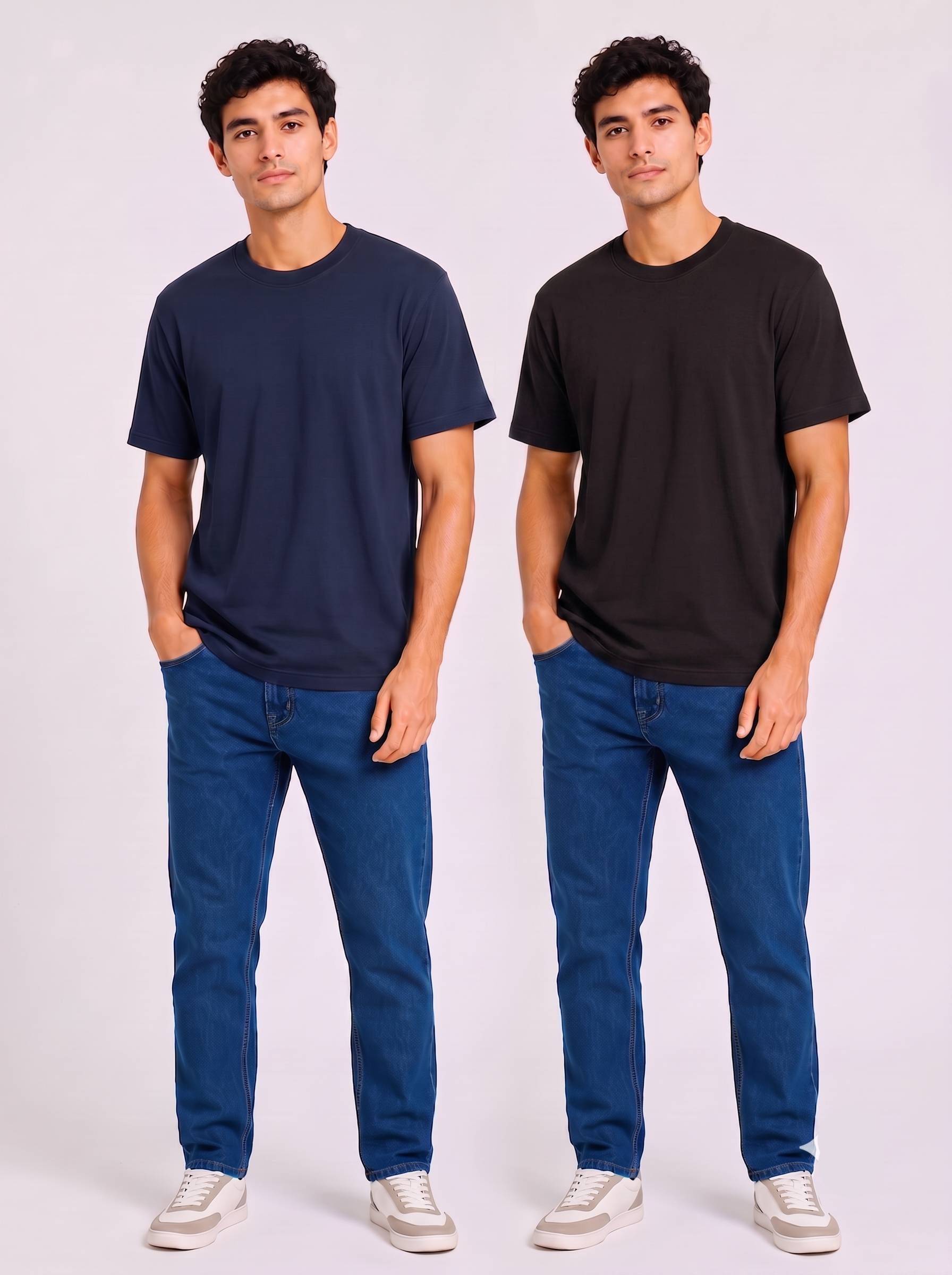 derada Pack of 2 Men Solid Round Neck Pure Cotton Black, Navy Blue T-Shirt-picture-33