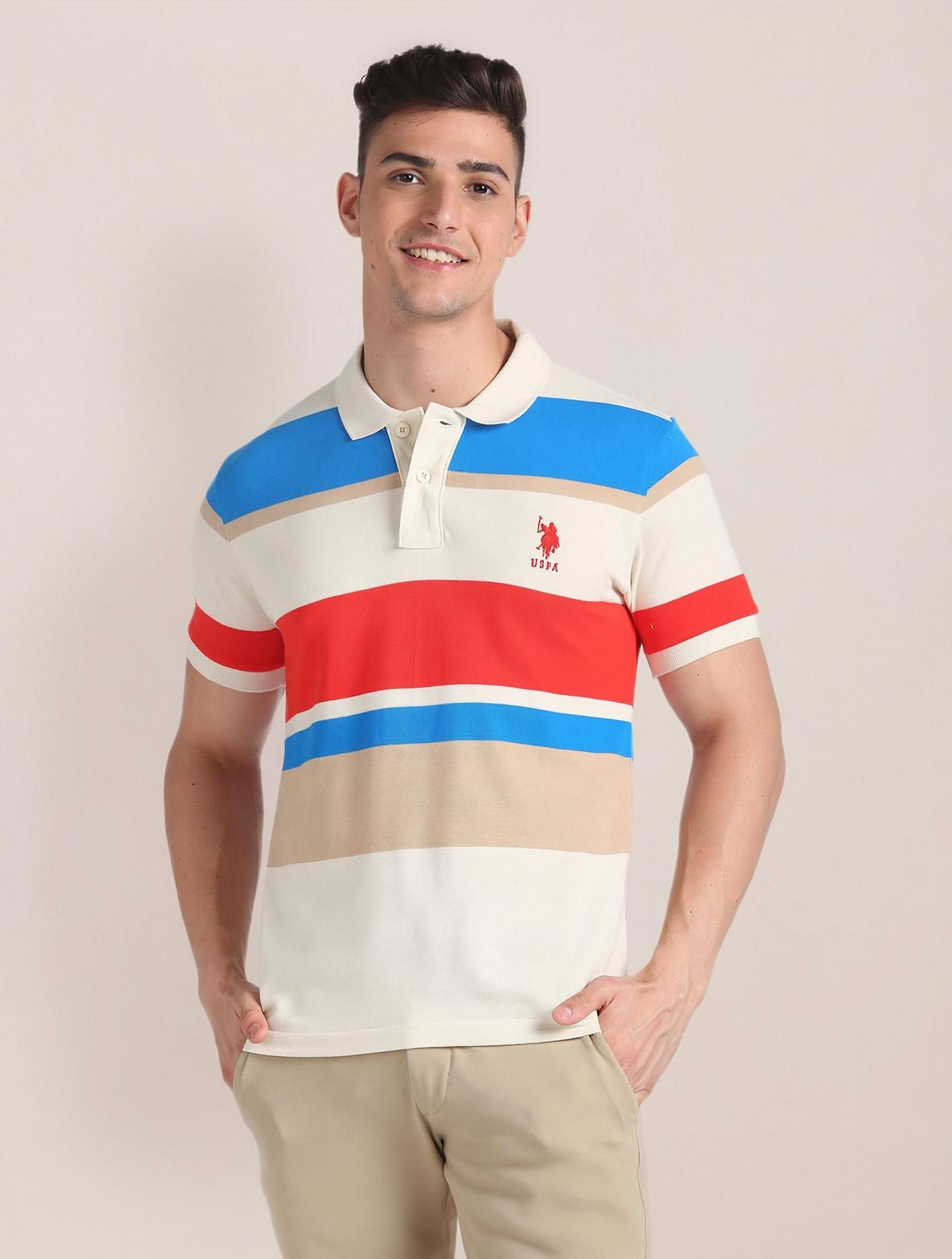 u.s. polo assn. Men Striped Polo Neck Cotton Blend Multicolor T-Shirt-picture-16