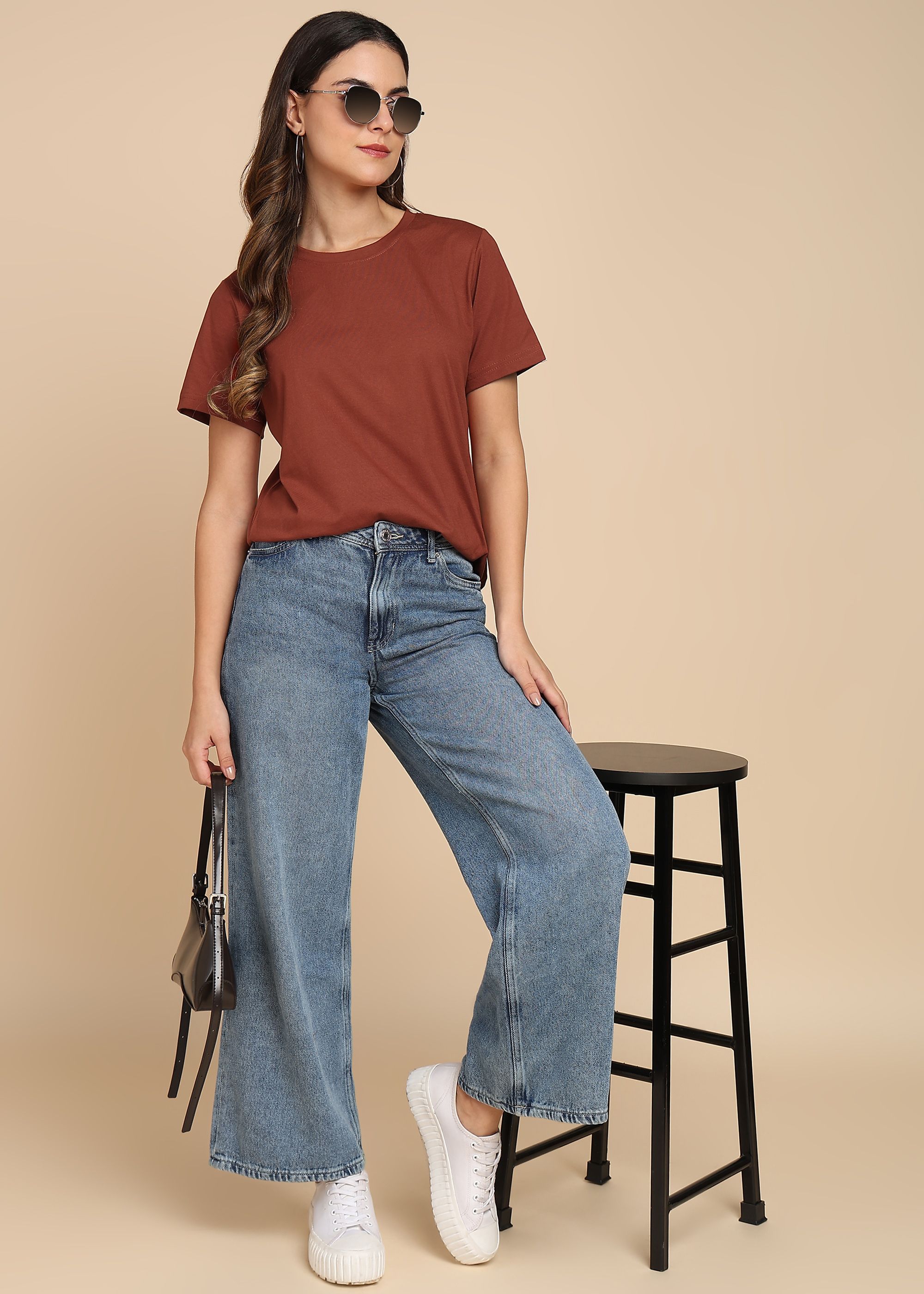 Women Solid Round Neck Cotton Blend Brown T-Shirt-image-34