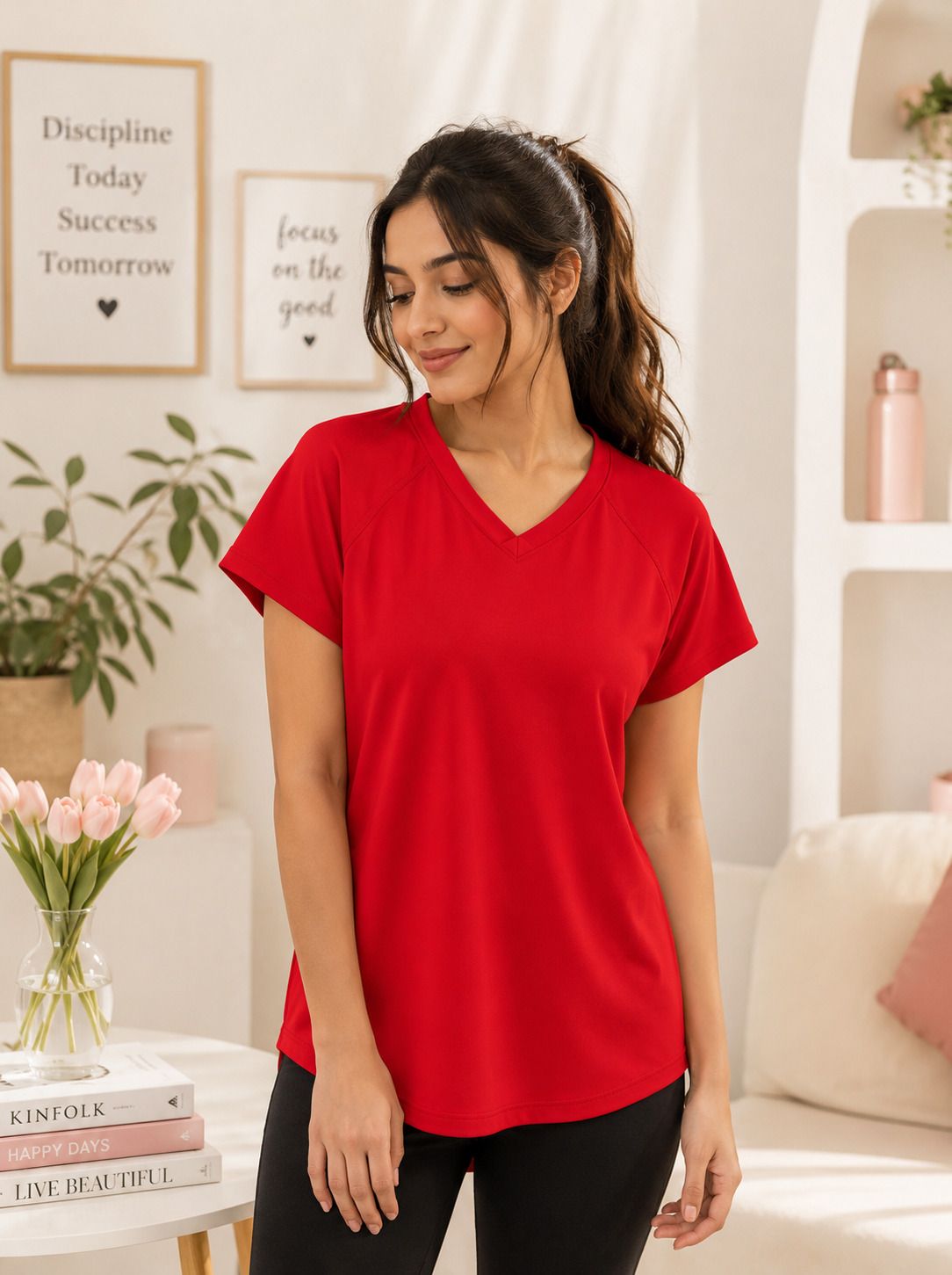 zavoox Women Solid V Neck Cotton Blend Red T-Shirt-picture-29