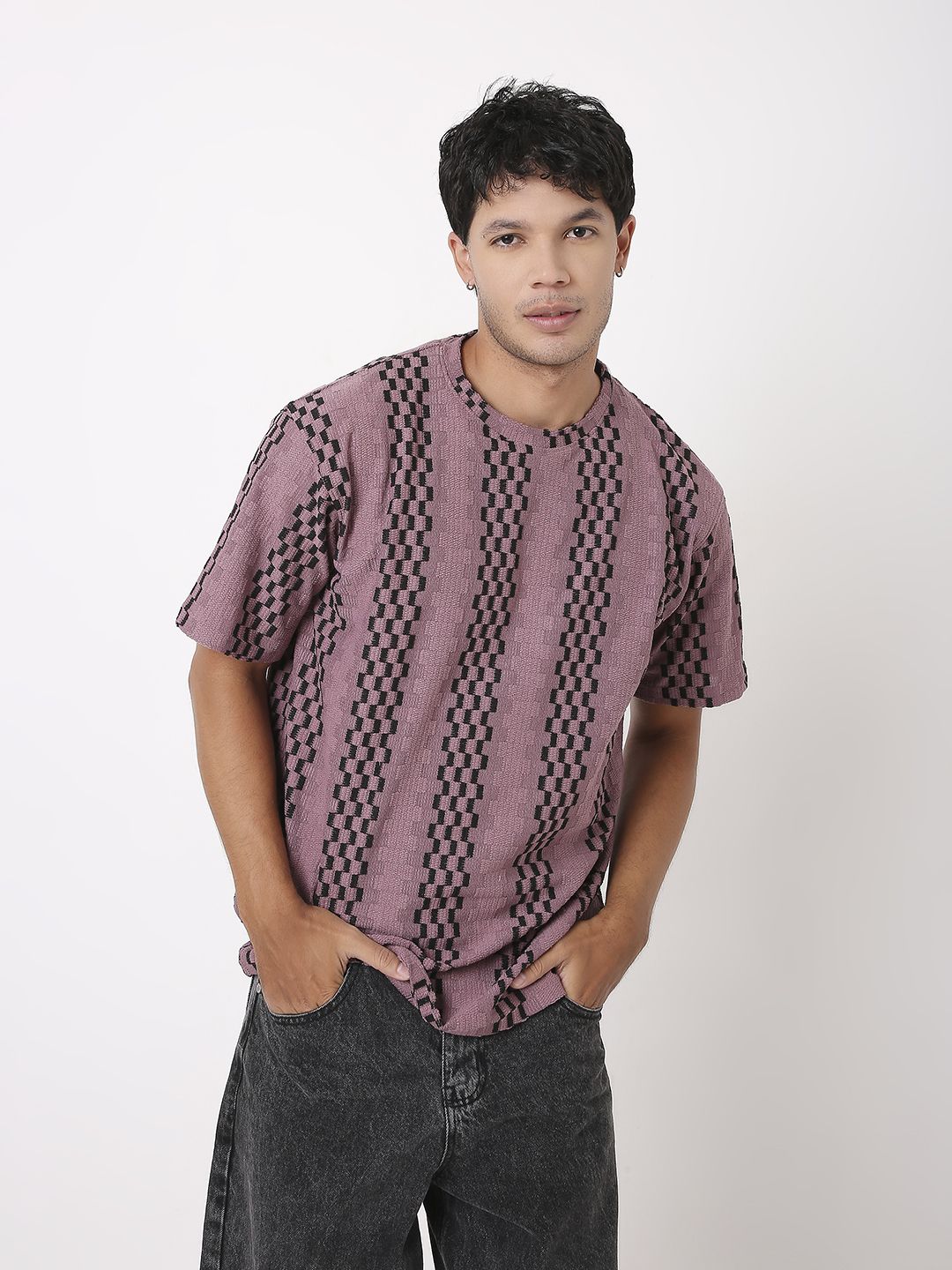 blnk Men Striped, Checkered, Printed Polo Neck Cotton Blend Purple, Black T-Shirt-picture-7