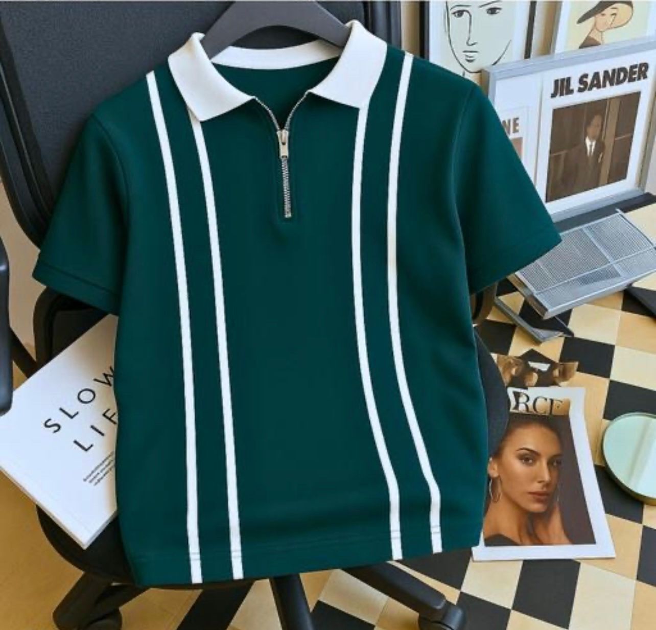 Men Striped Zip Neck Cotton Blend Blue T-Shirt-image-49