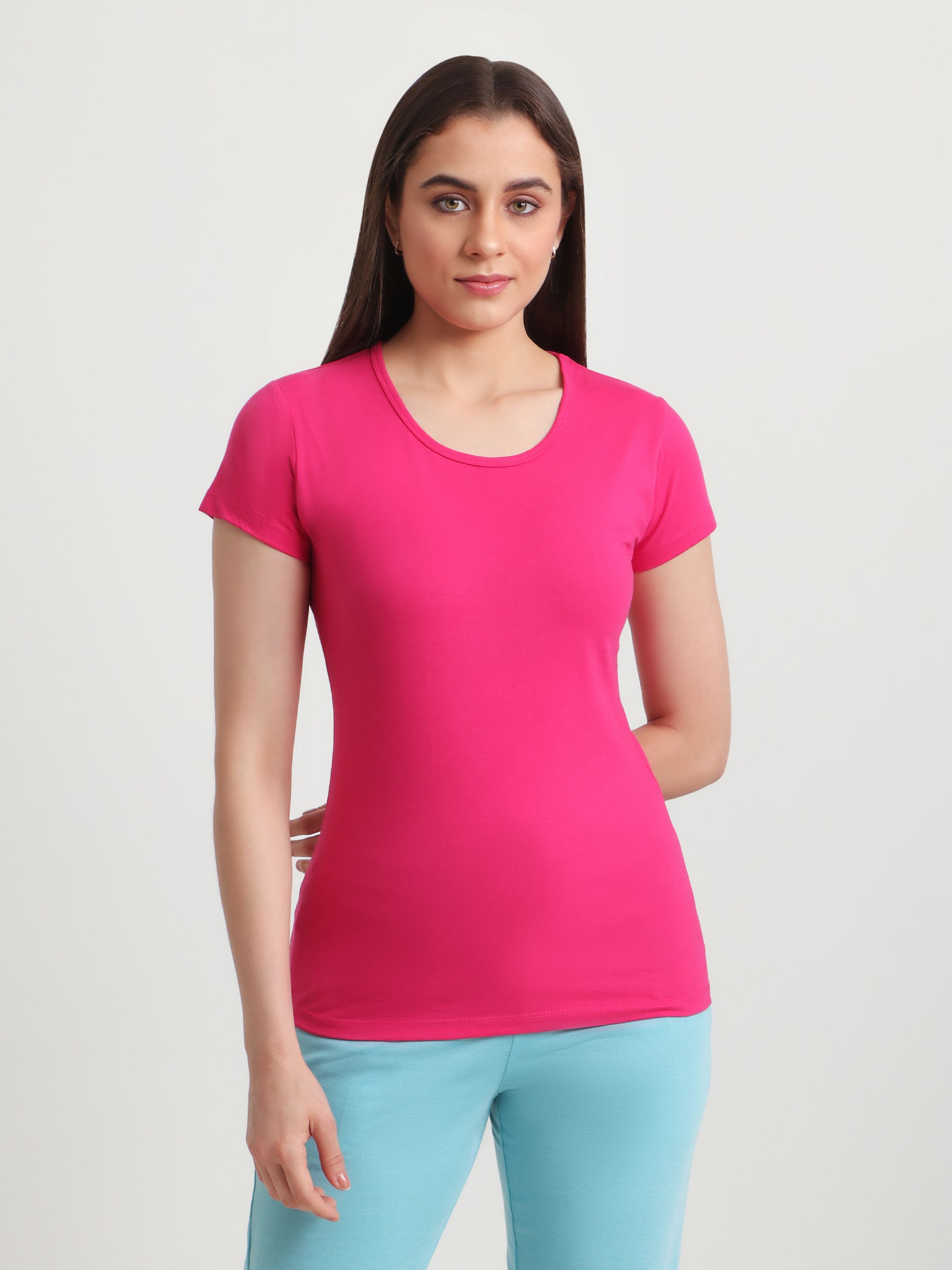 global nomad Women Solid Round Neck Cotton Blend Pink T-Shirt-picture-49