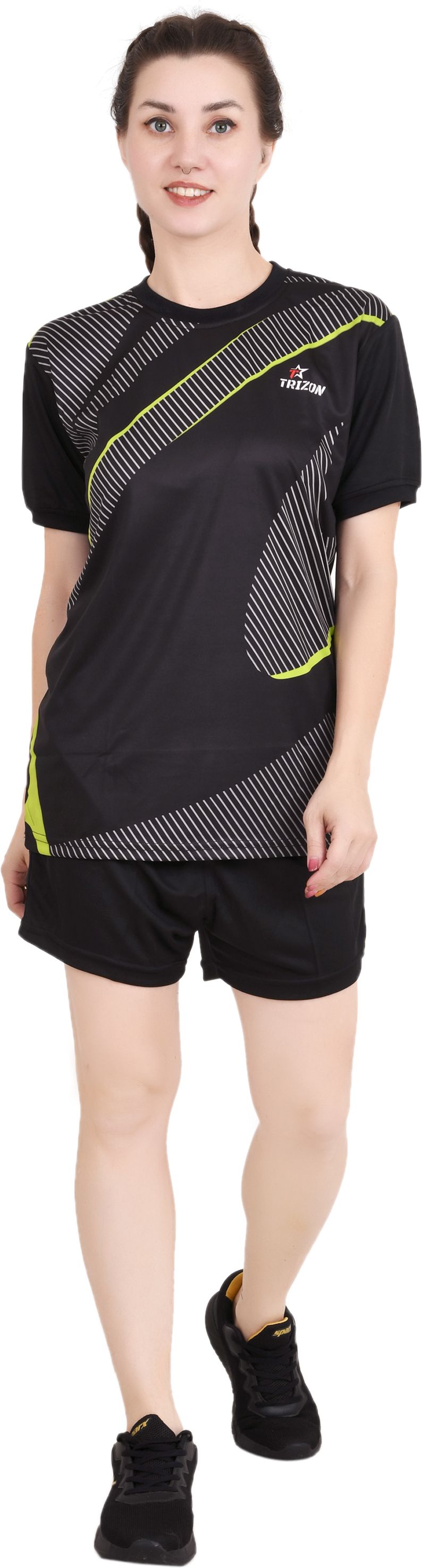 trizon Women Solid, Chevron/Zig Zag, Graphic Print, Sporty, Printed Round Neck Polyester Black, Green T-Shirt-picture-25