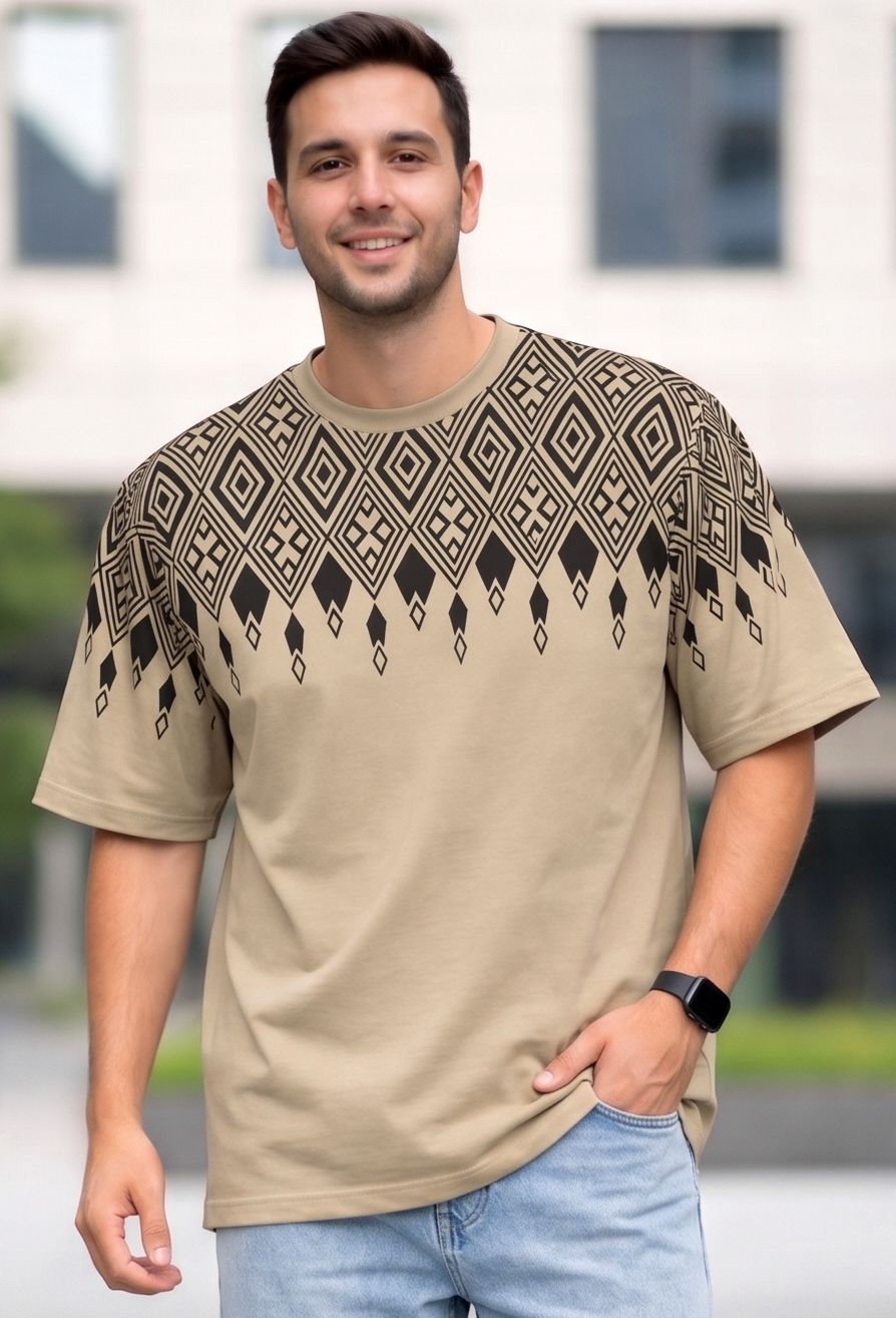 looksea Men Printed Round Neck Cotton Blend Beige T-Shirt-picture-19