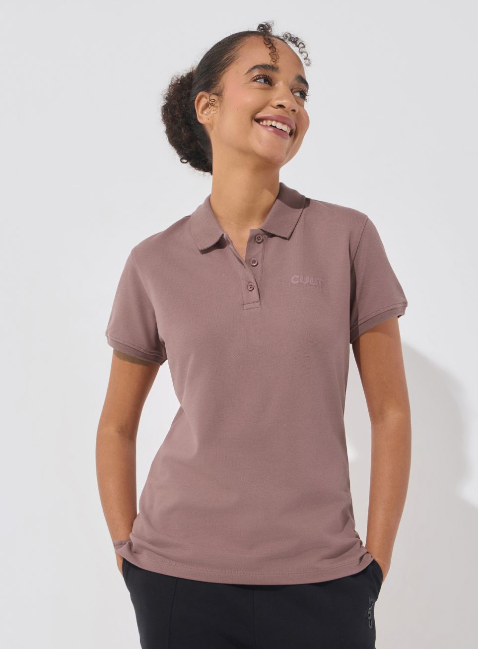 cult Women Solid Polo Neck Cotton Blend Brown T-Shirt-picture-35