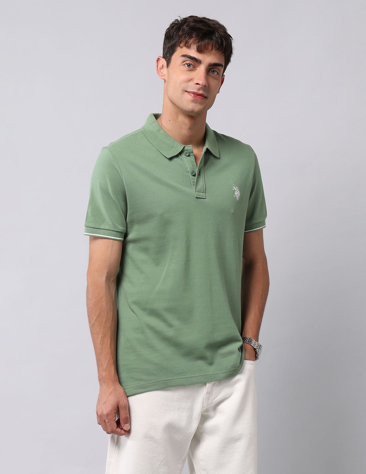 u.s. polo assn. denim co. Men Solid Polo Neck Pure Cotton Light Green T-Shirt-picture-16