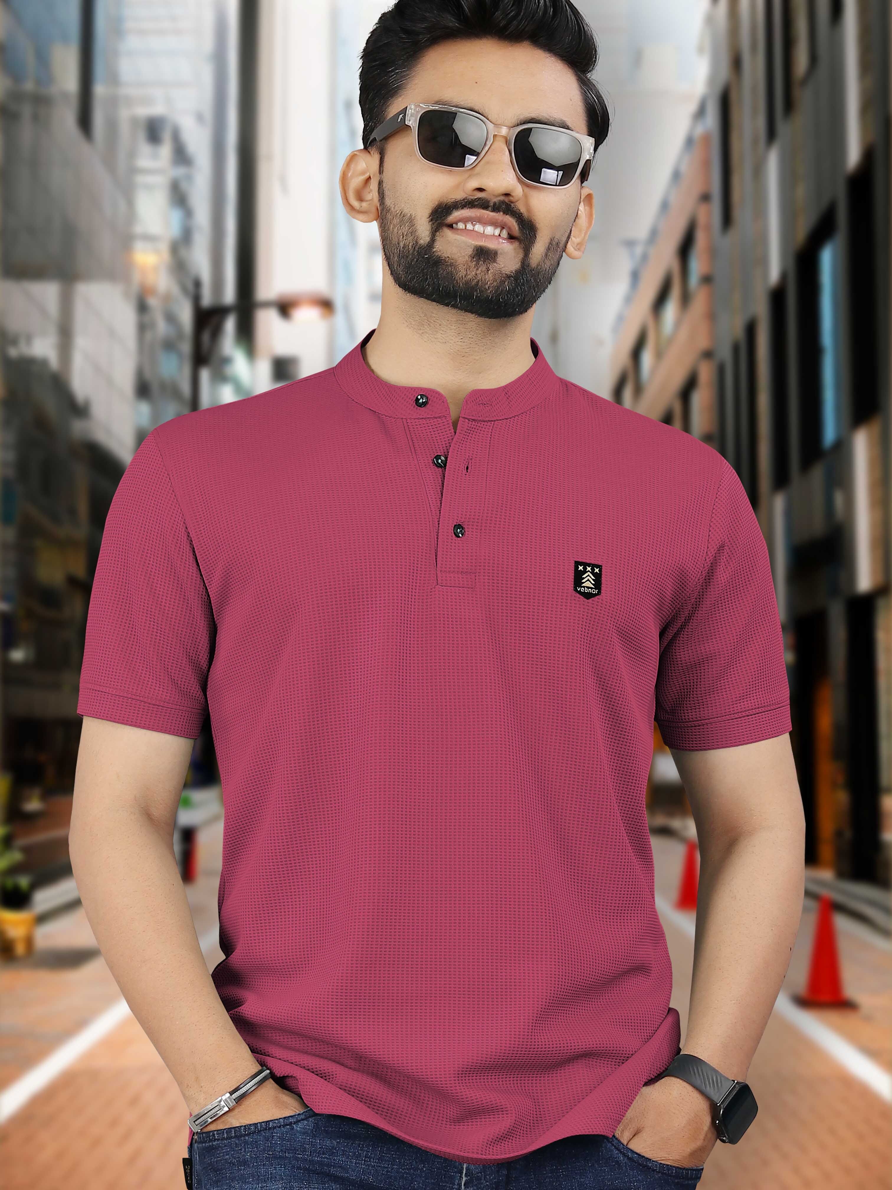 vebnor Men Solid Mandarin Collar Polyester Pink T-Shirt-picture-10