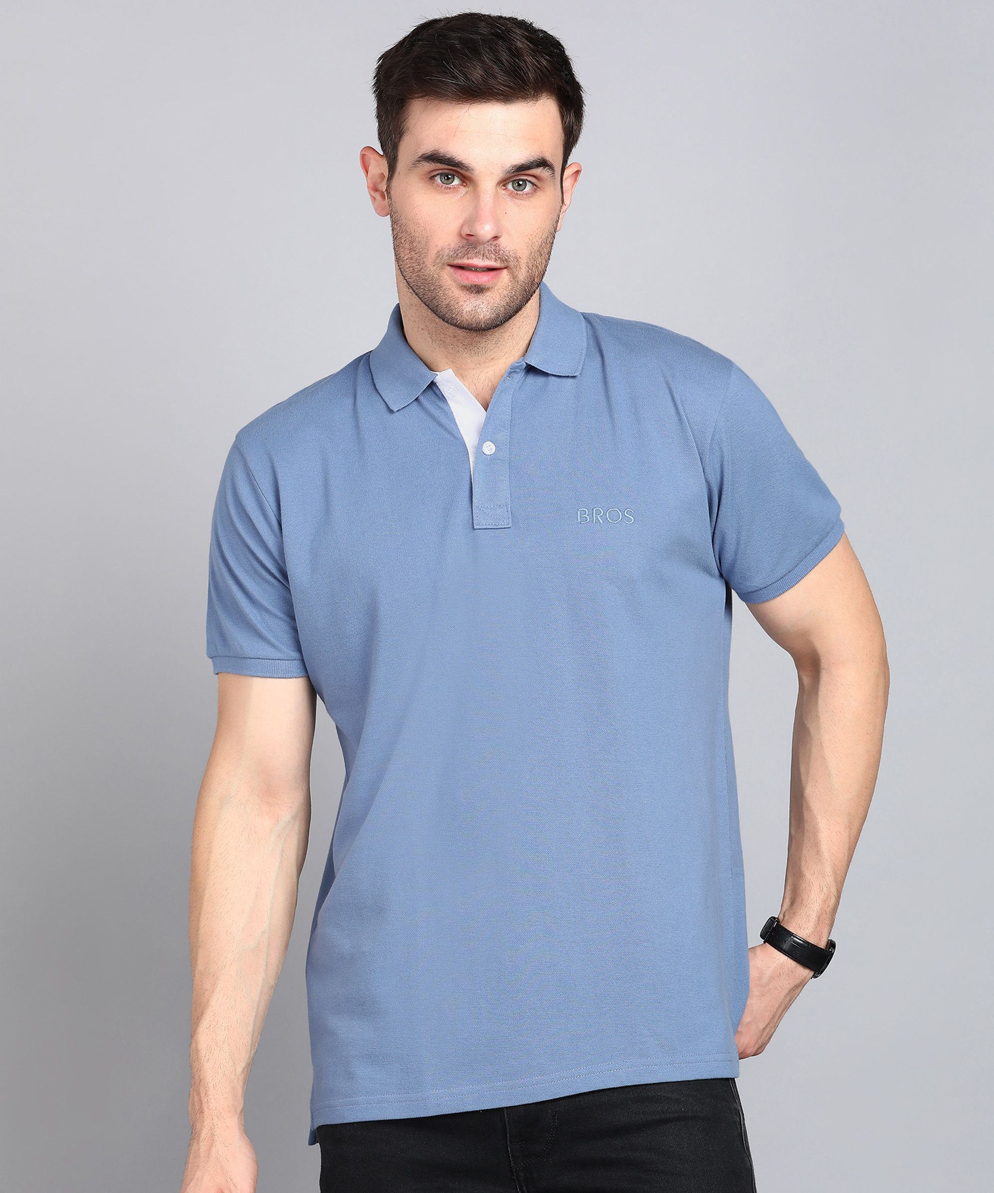 3bros Men Solid Polo Neck Cotton Blend Light Blue T-Shirt-picture-18