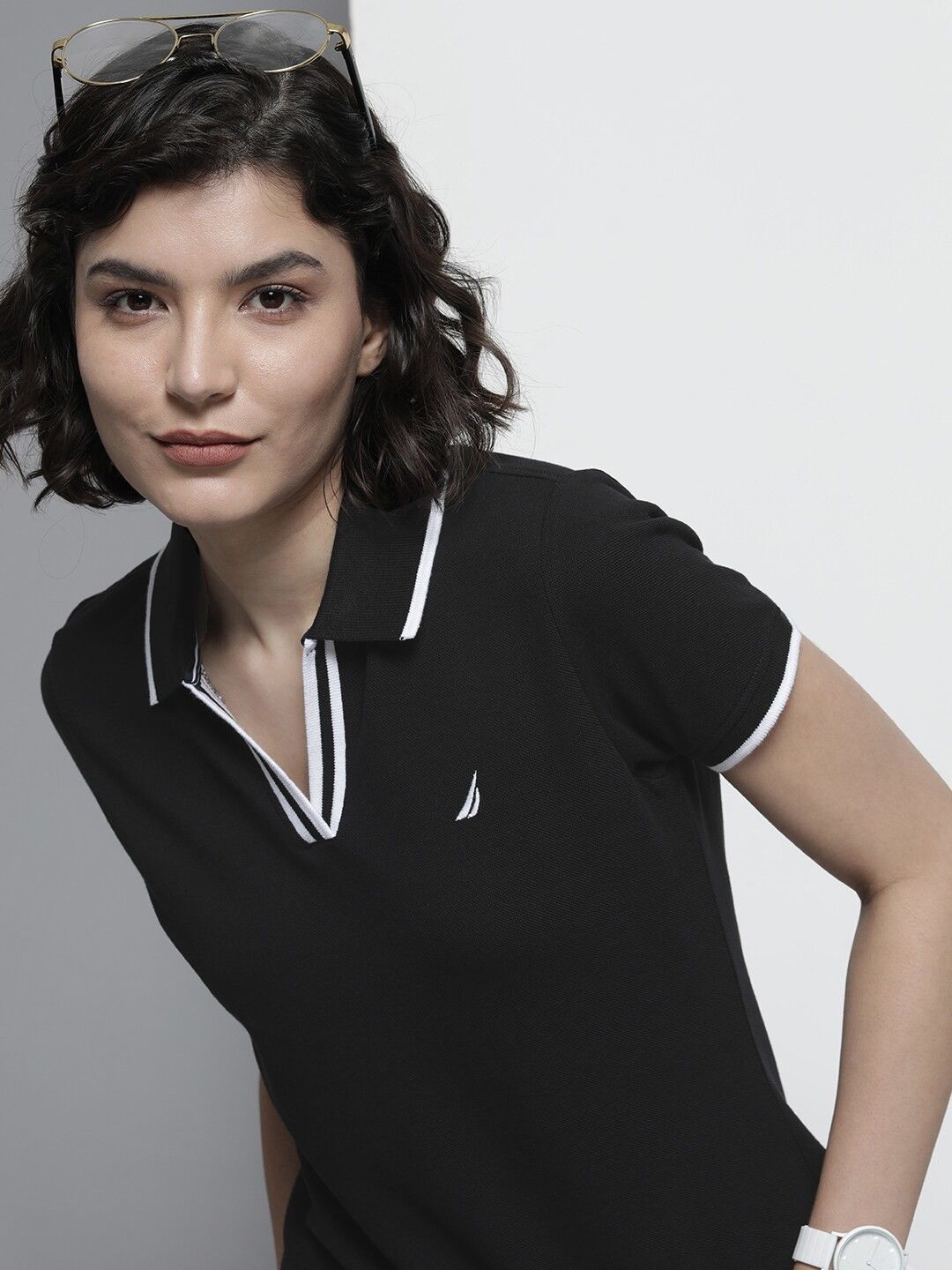 Women Conversational Polo Neck Pure Cotton Black T-Shirt-image-26