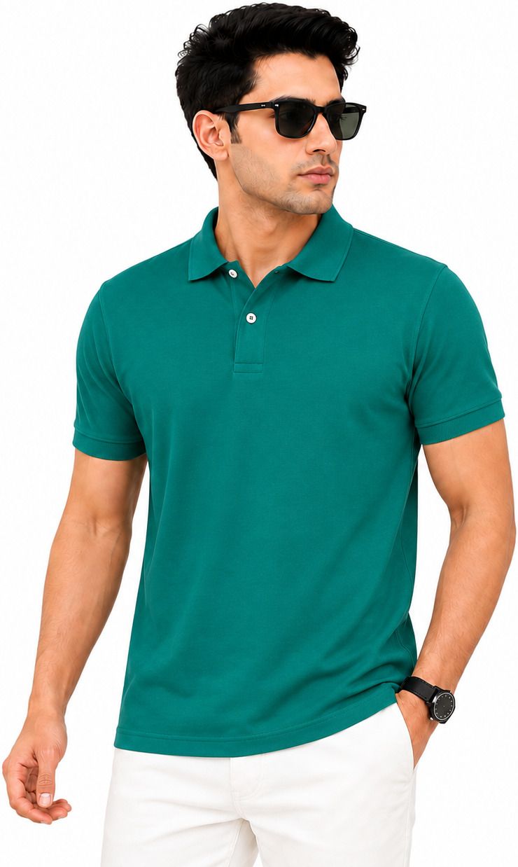 Men Solid Polo Neck Cotton Blend Dark Green T-Shirt-image-21