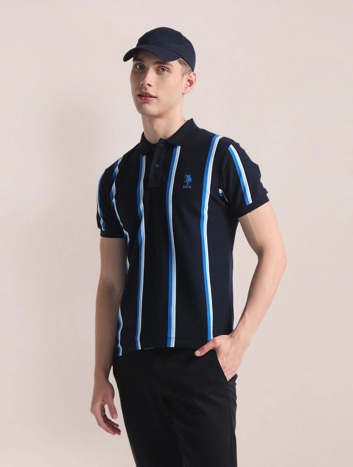 u.s. polo assn. Men Striped Polo Neck Cotton Blend Blue T-Shirt-picture-11