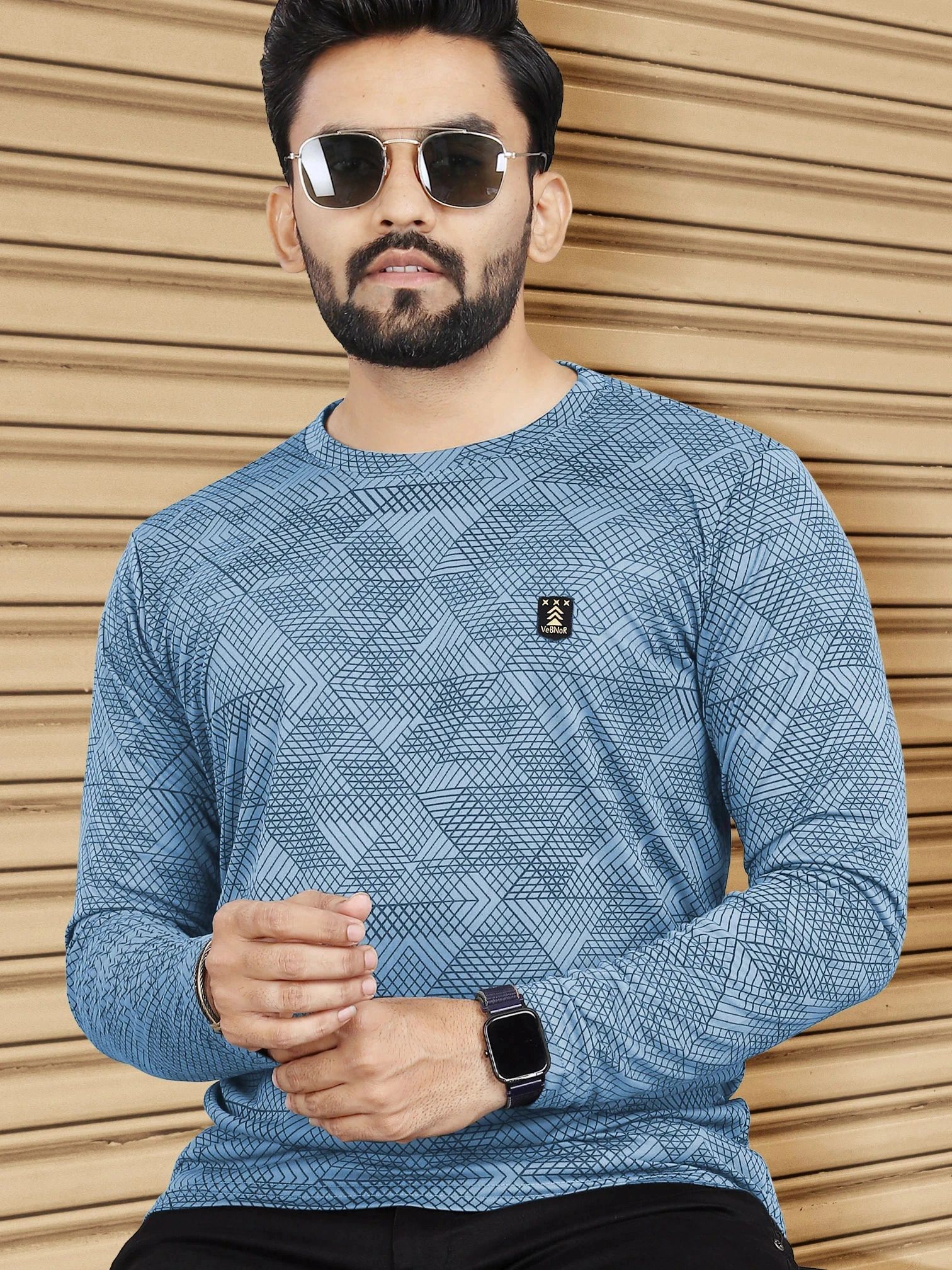 Men Abstract Round Neck Polycotton Light Blue T-Shirt