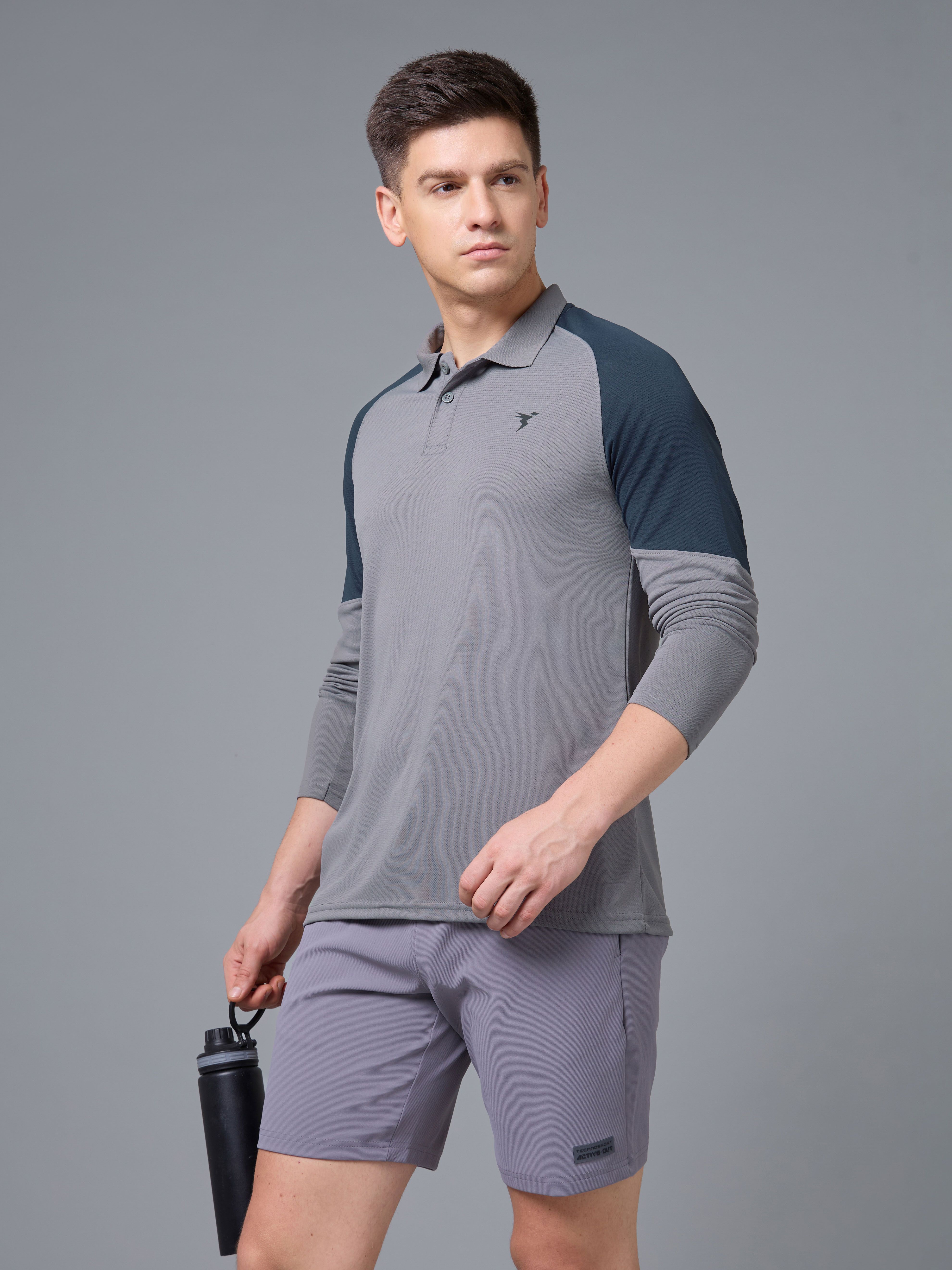Men Colorblock Polo Neck Polyester Blue T-Shirt-image-43