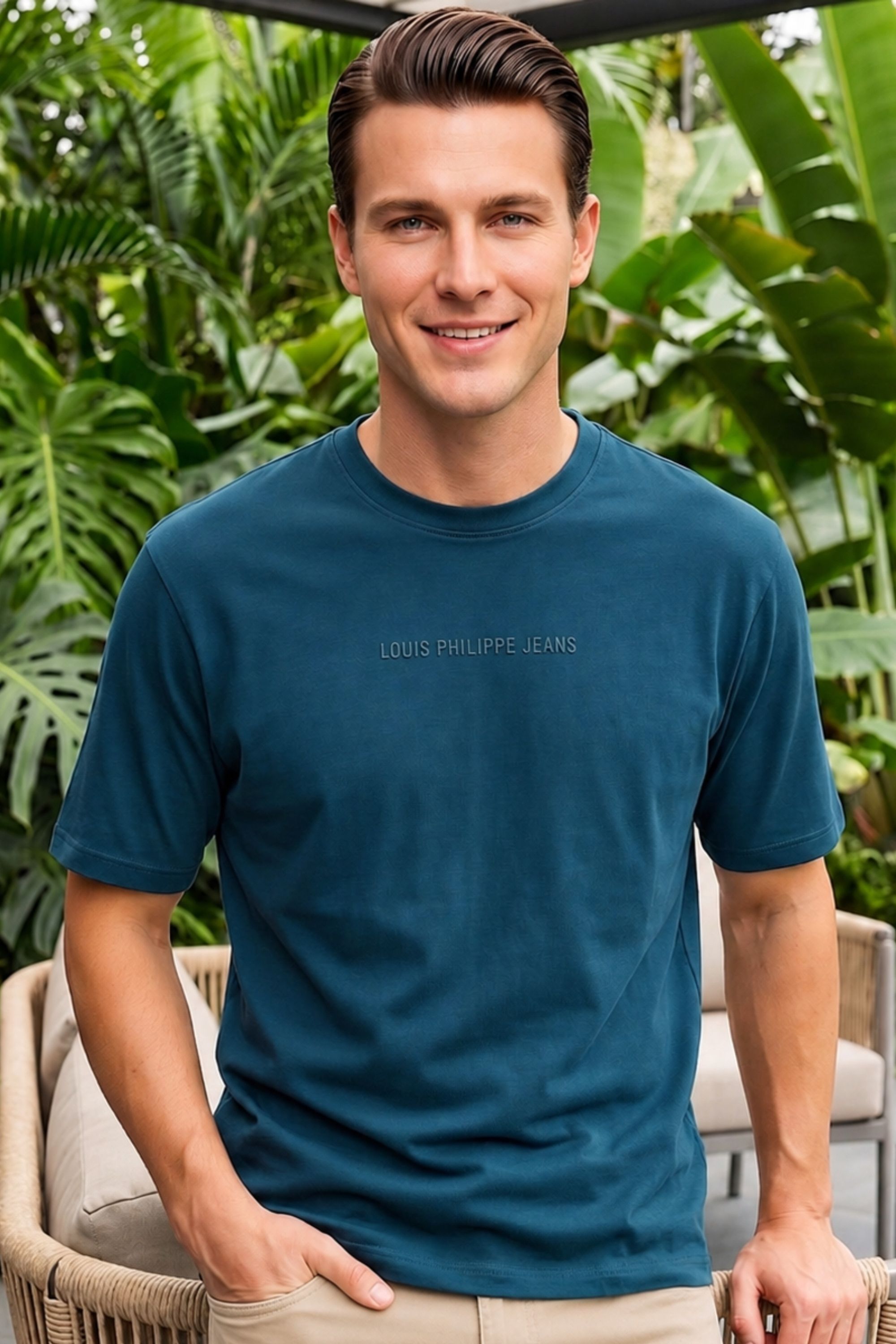 louis philippe Men Solid Round Neck Pure Cotton Blue T-Shirt-picture-13