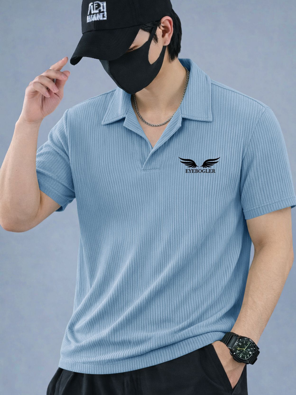 eyebogler Men Embroidered Polo Neck Polycotton Light Blue T-Shirt-picture-13