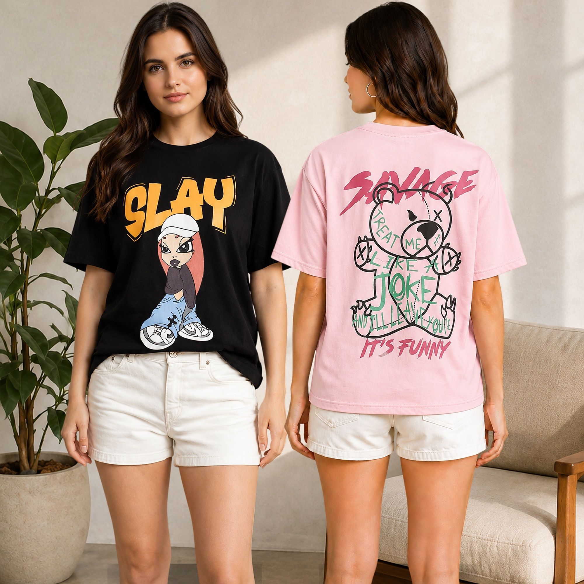 metronaut Pack of 2 Printed Women Round Neck Cotton Blend Multicolor T-Shirt-picture-28
