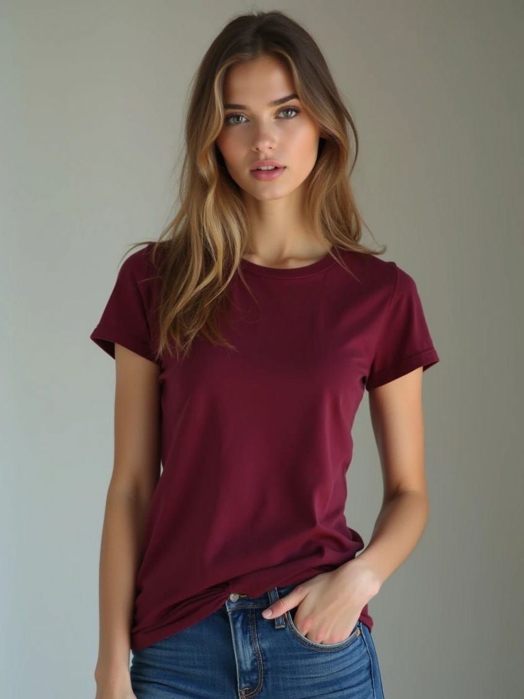 Women Self Design Round Neck Cotton Blend Maroon T-Shirt-image-49