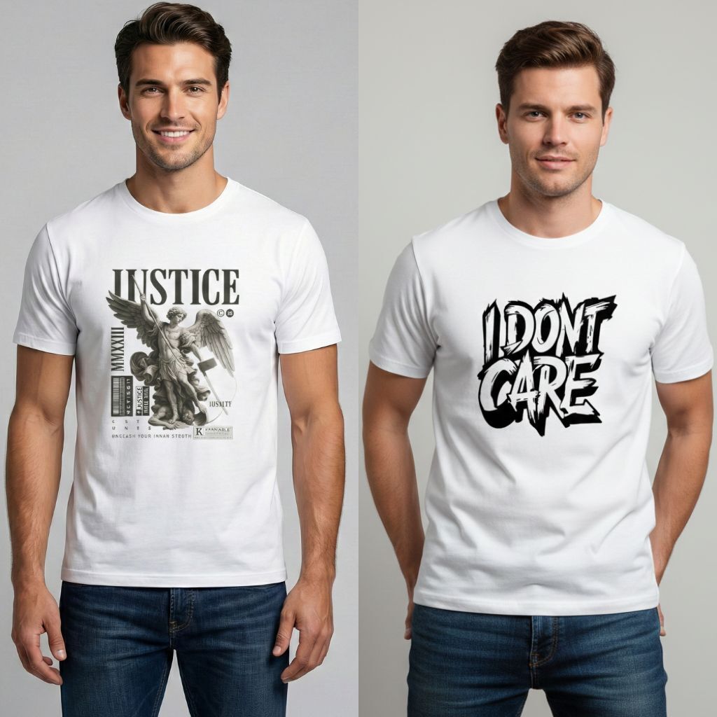 vkv fshion Pack of 2 Men Graphic Print Round Neck Cotton Blend White T-Shirt-picture-39
