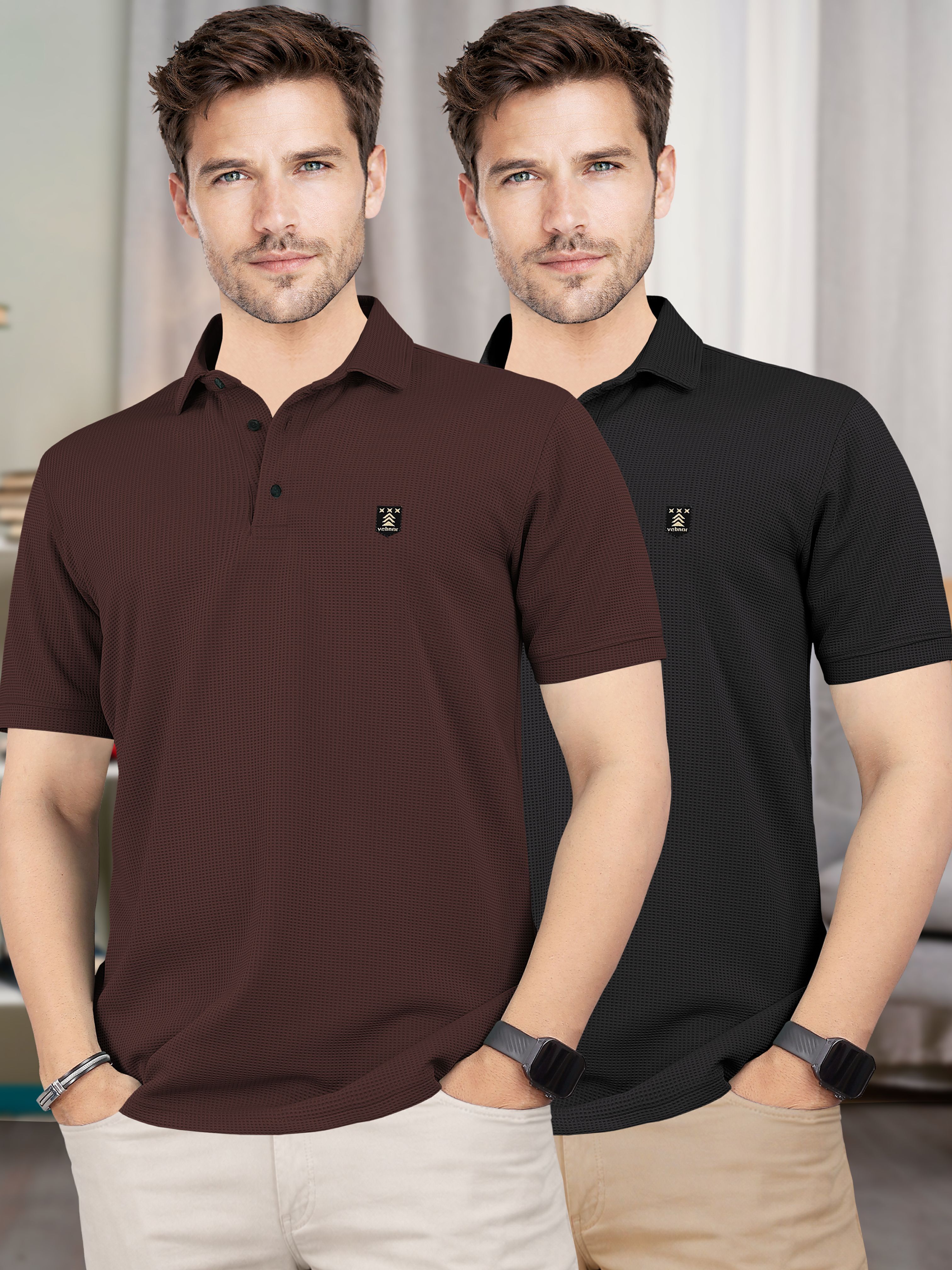 Men Self Design Polo Neck Polyester Black, Brown T-Shirt-image-19
