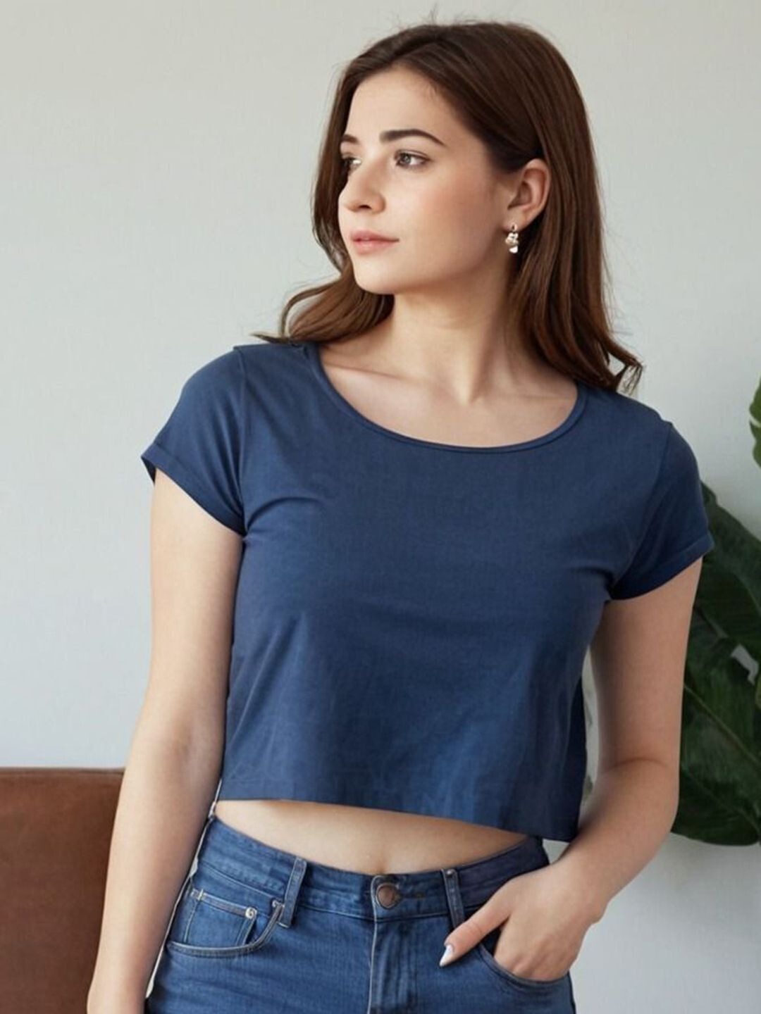 Women Solid Round Neck Pure Cotton Blue T-Shirt-image-1
