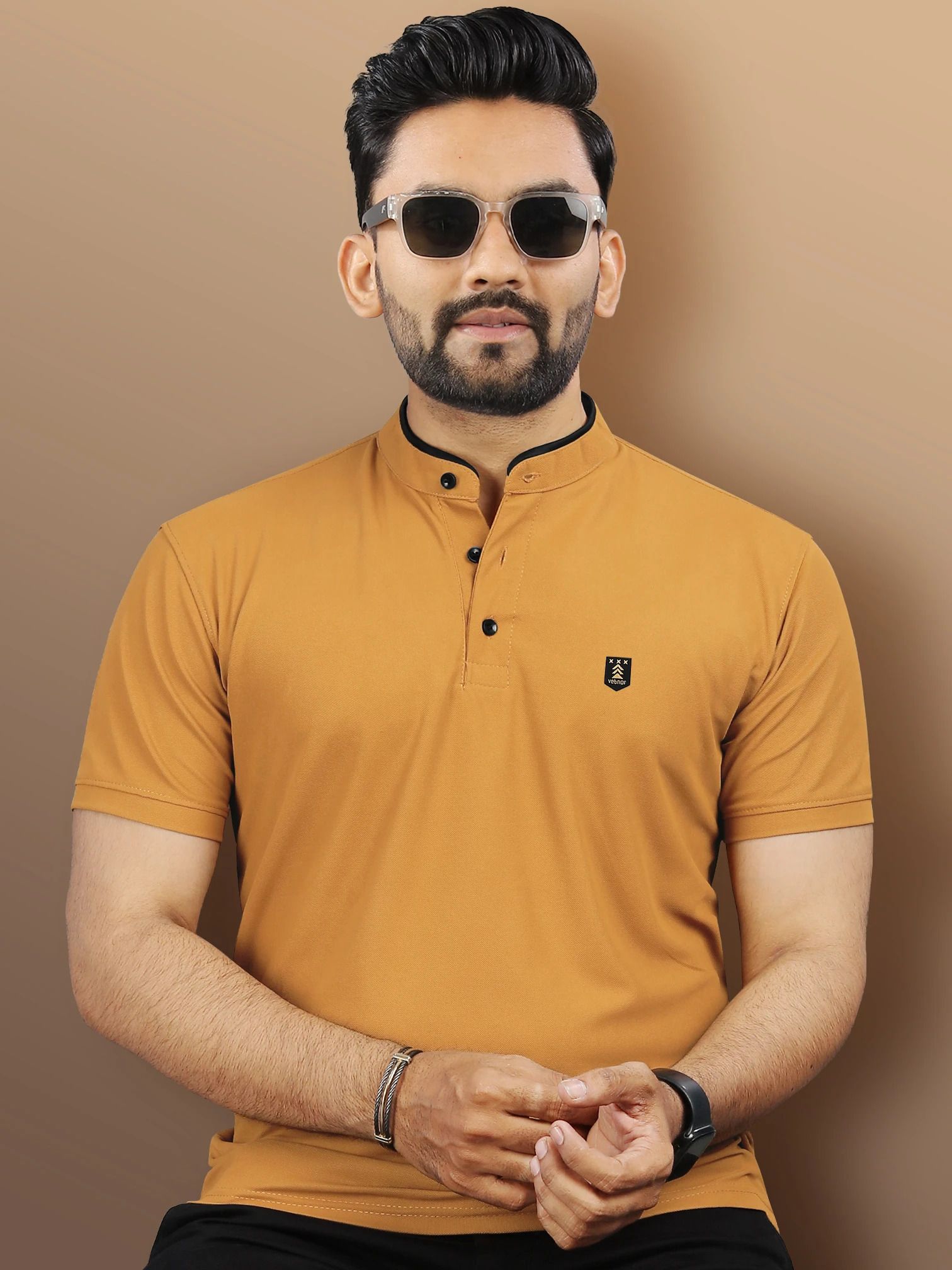 Men Solid Polo Neck Polyester Yellow T-Shirt-image-8