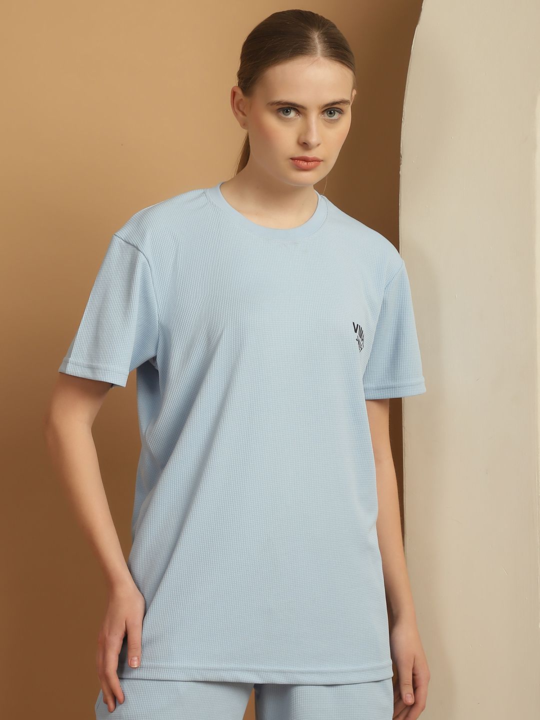 mack jonney Women Solid Round Neck Polyester Blue T-Shirt-picture-11