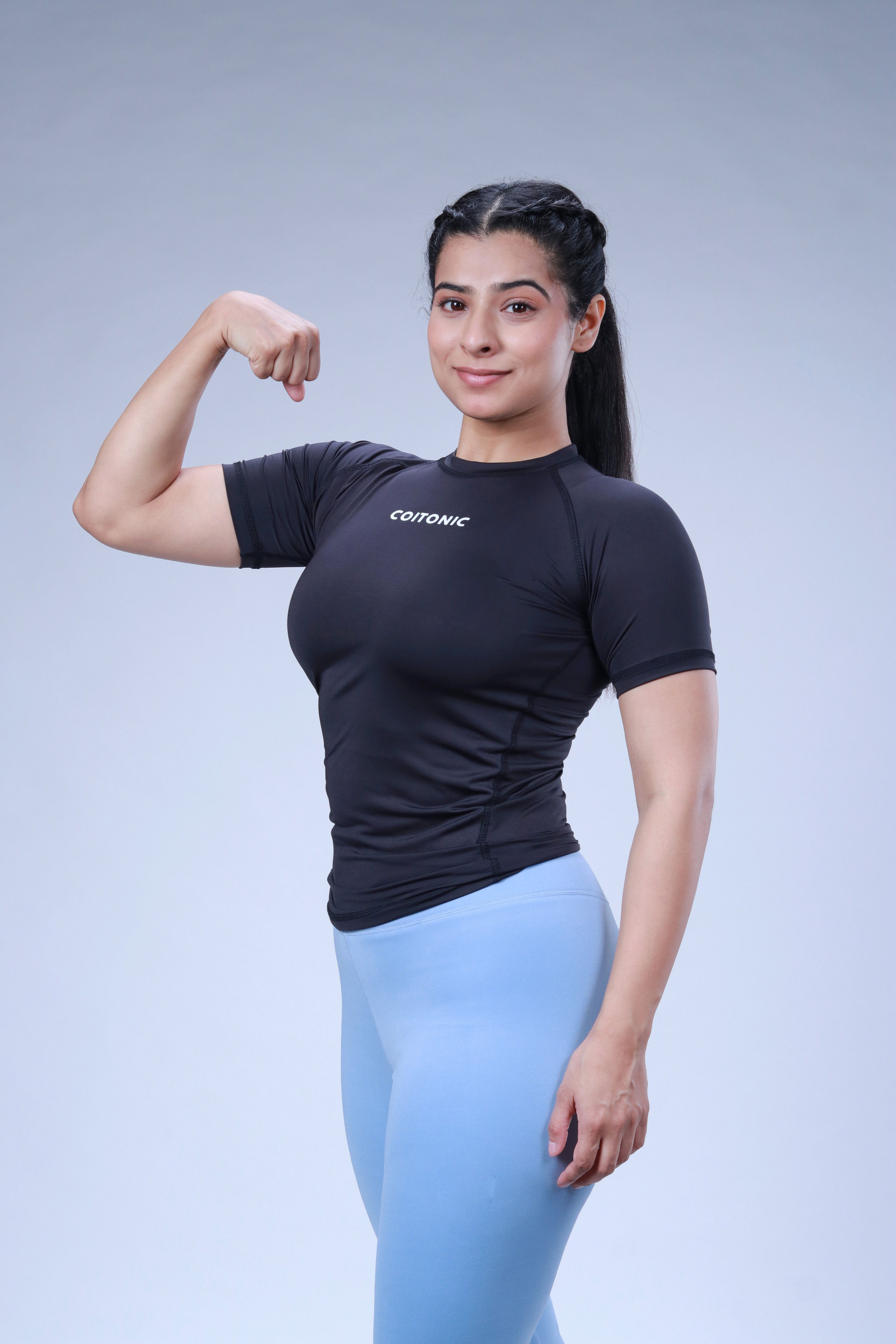 coitonic Women Solid Round Neck Polyester Black T-Shirt-picture-3
